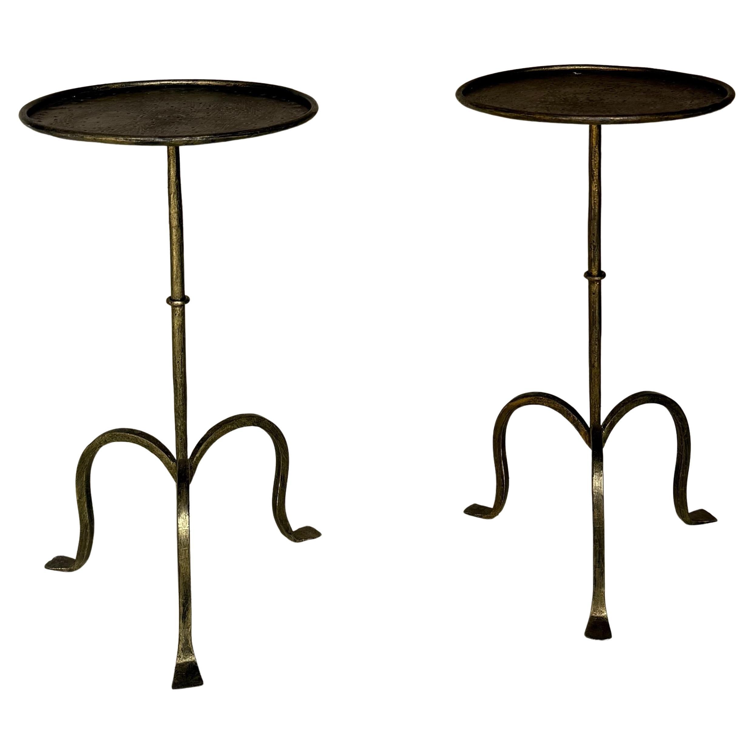 Pair of Spanish Hand-Forged Iron Drinks Tables with Hammered Tops