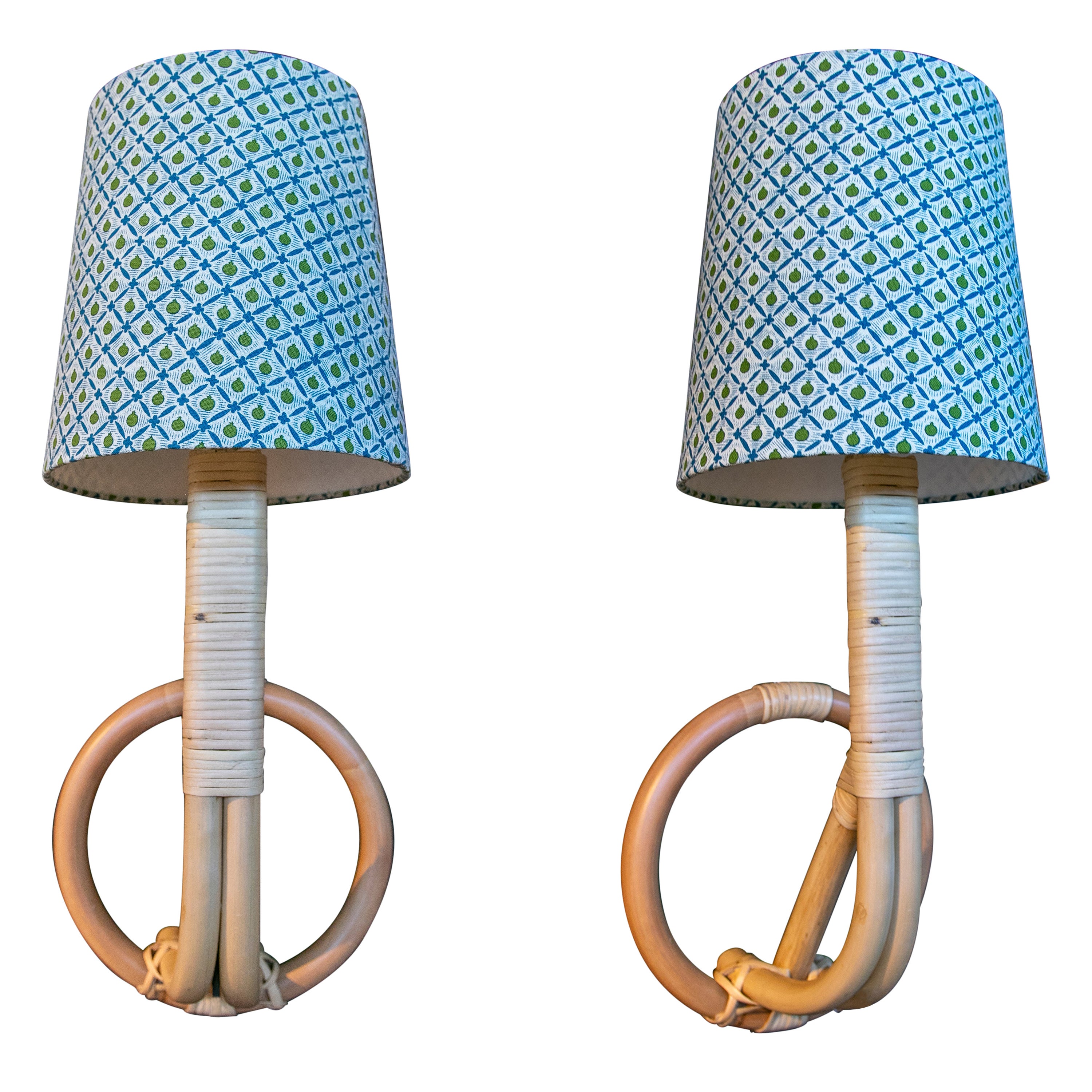 Pair of Spanish Handmade Woven Bamboo Wall Lamps with Shade