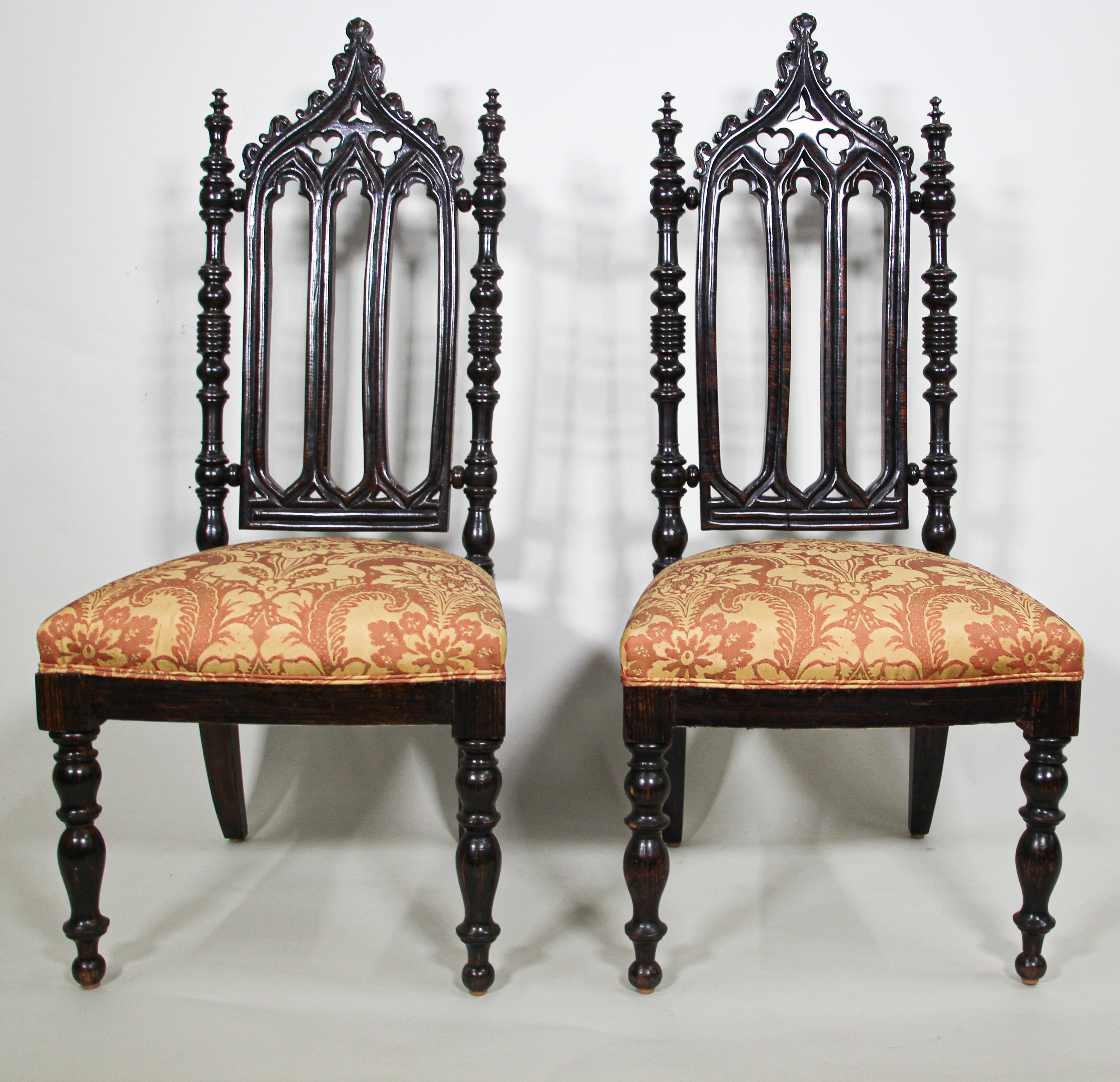 Beautiful Spanish Moorish Revival chairs with hand carved wood Gothic details.
Accent any setting with this unique hall chairs.
Pair of Spanish High back Jacobean Renaissance English Revival Gothic Hall Prayer Chairs.
Turned wood feet.