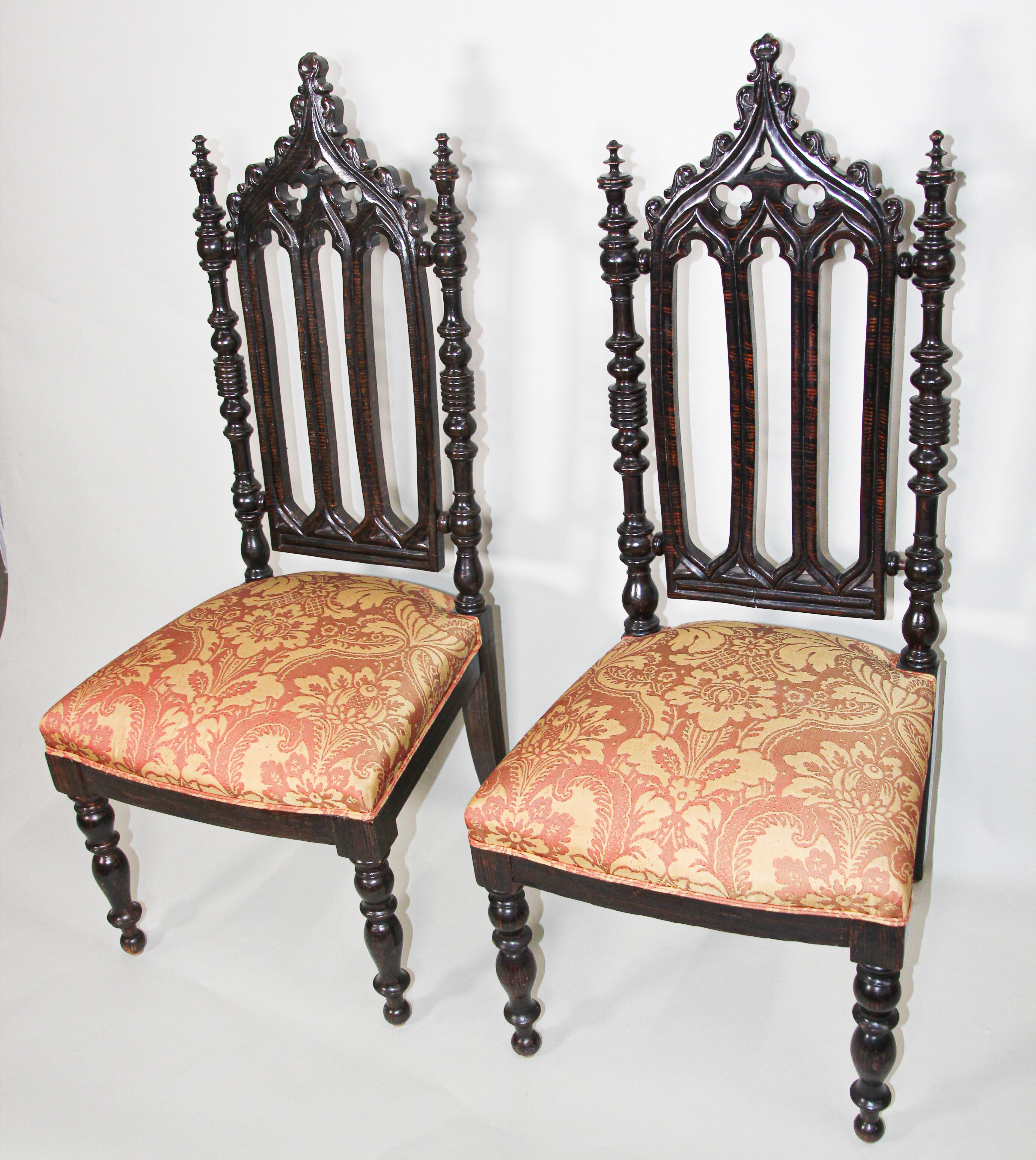 Hand-Carved Pair of Spanish Moorish High Back Hall Chairs