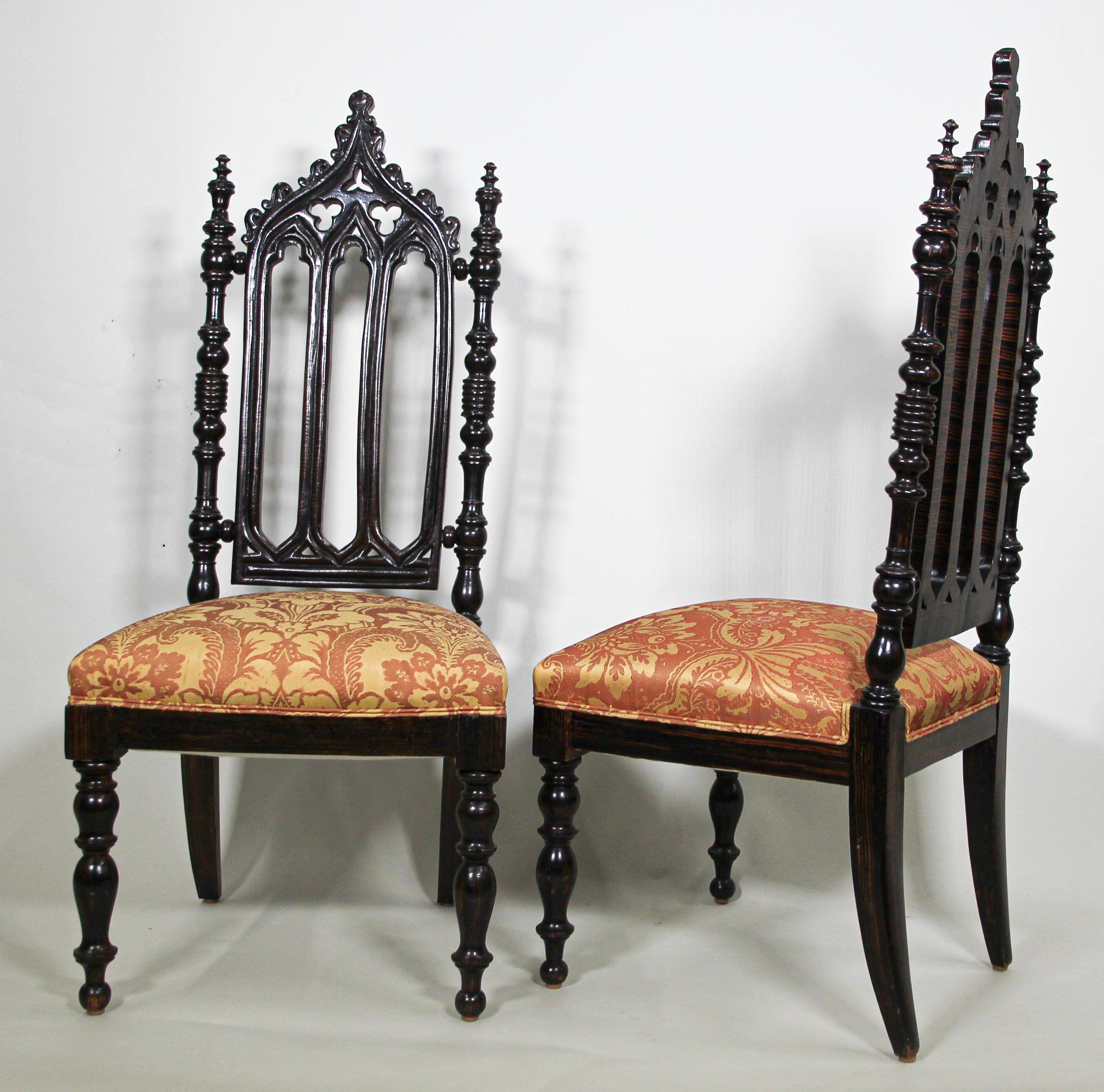 Wood Pair of Spanish Moorish High Back Hall Chairs