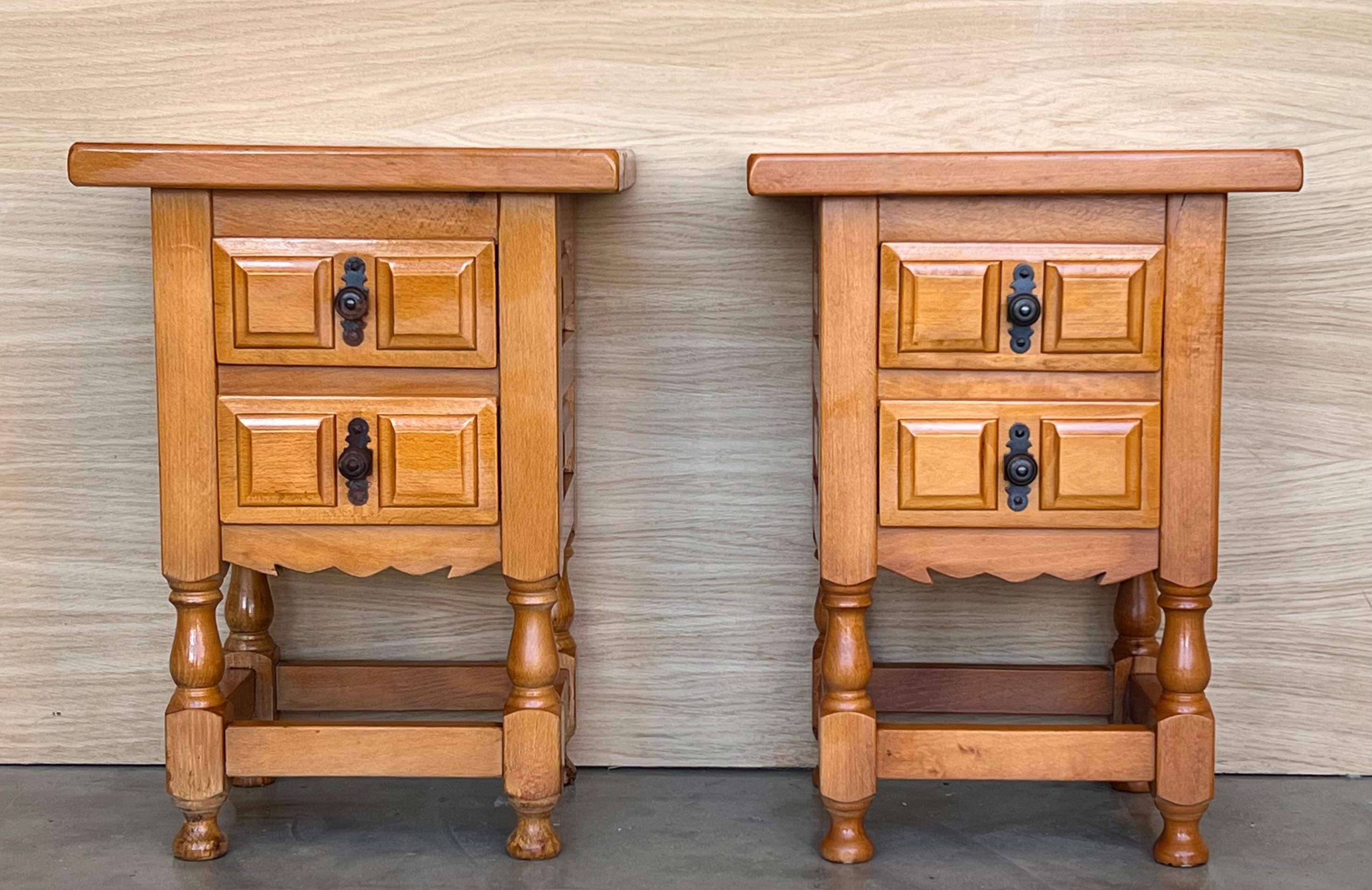 20th century pair of Brutalist Spanish nightstands with carved drawer and iron hardware  Beautiful tables that you can use like a nightstands or side tables, end tables... or table lamp.