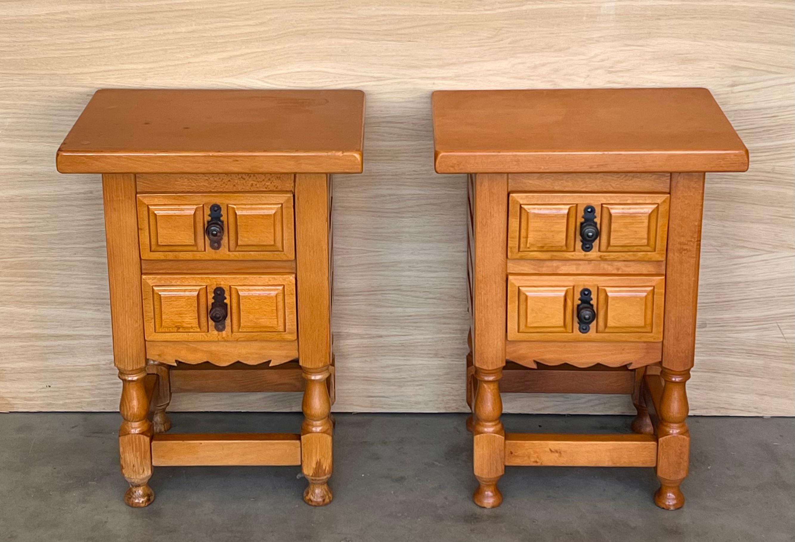 Spanish Colonial Pair of Spanish Honey Tone Narrow Nightstands with two drawers For Sale