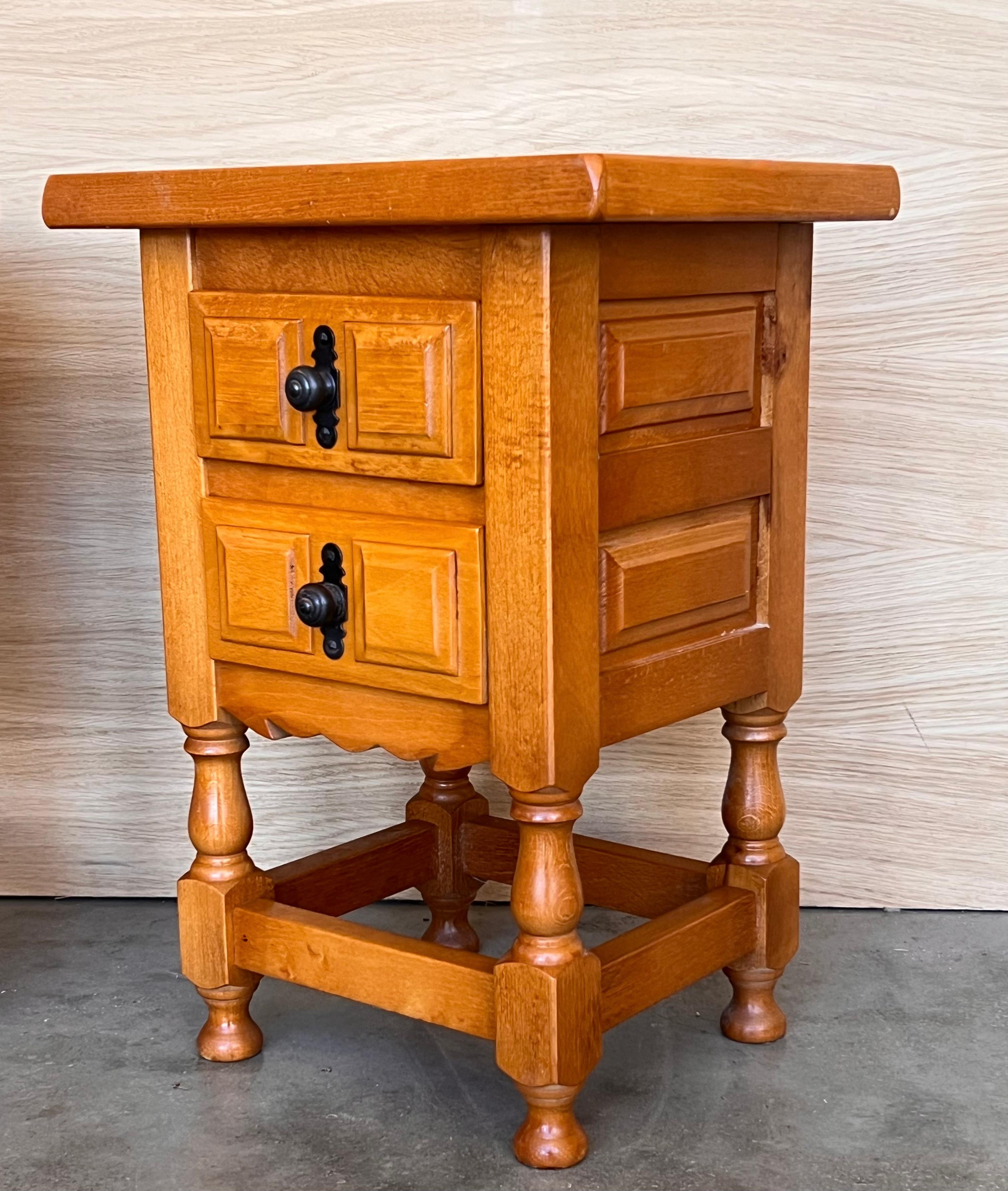 Pine Pair of Spanish Honey Tone Narrow Nightstands with two drawers For Sale