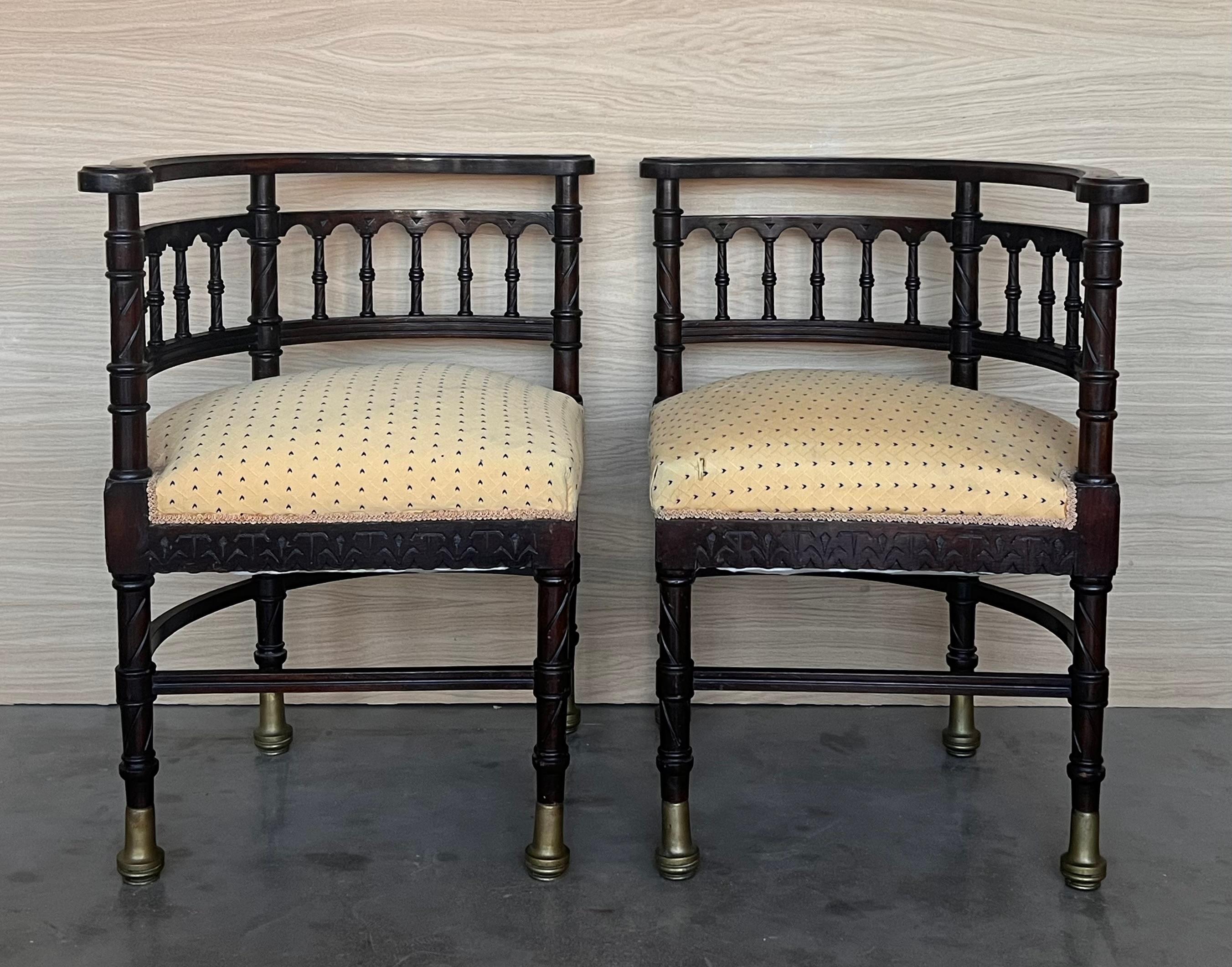 Art Deco Pair of Spanish Horseshoe Back and Cane Armchairs For Sale