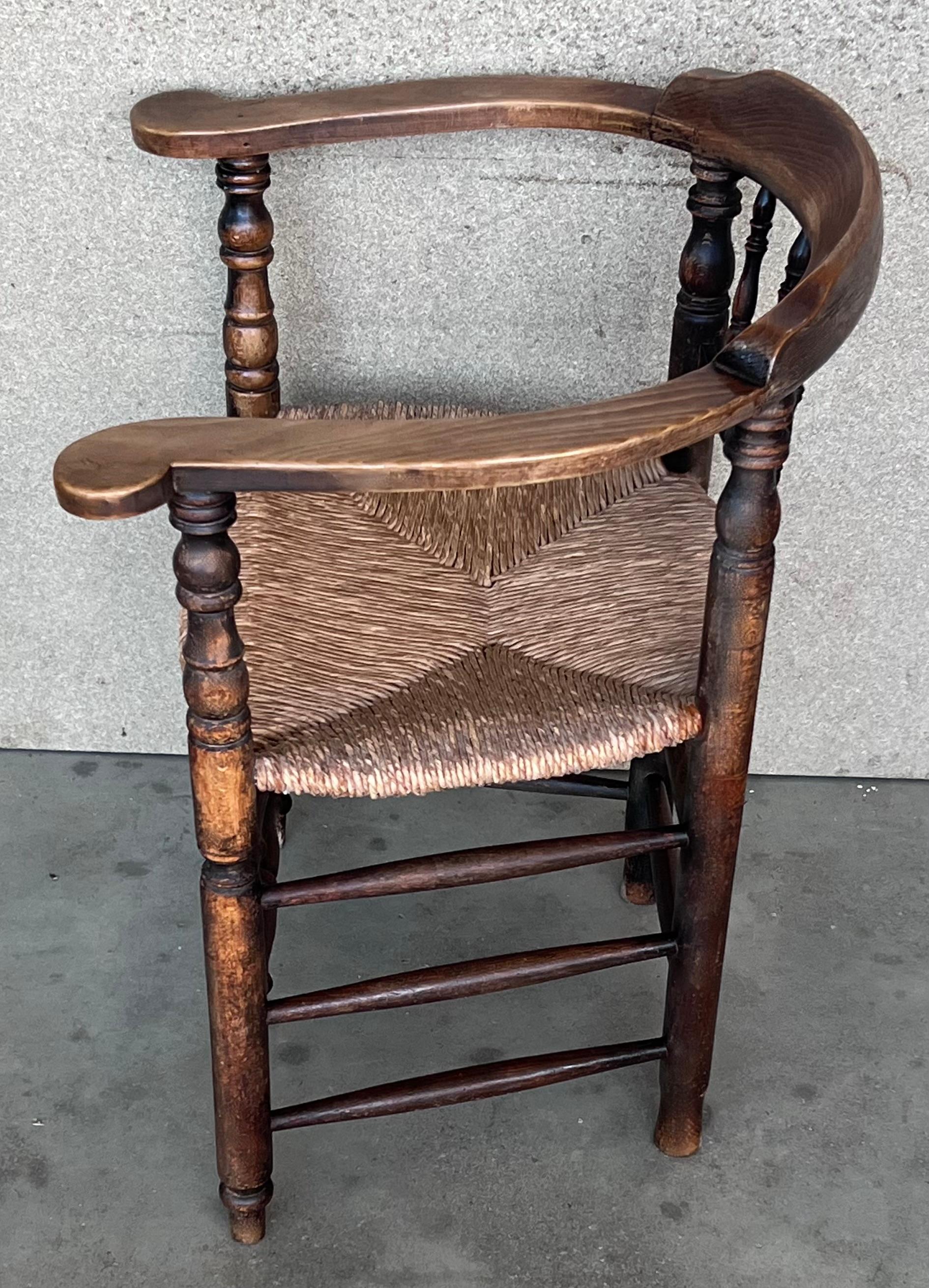 Oak Pair of Spanish Horseshoe Back and Cane Armchairs For Sale