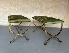 Pair of Spanish Iron Benches in Striped Fabric