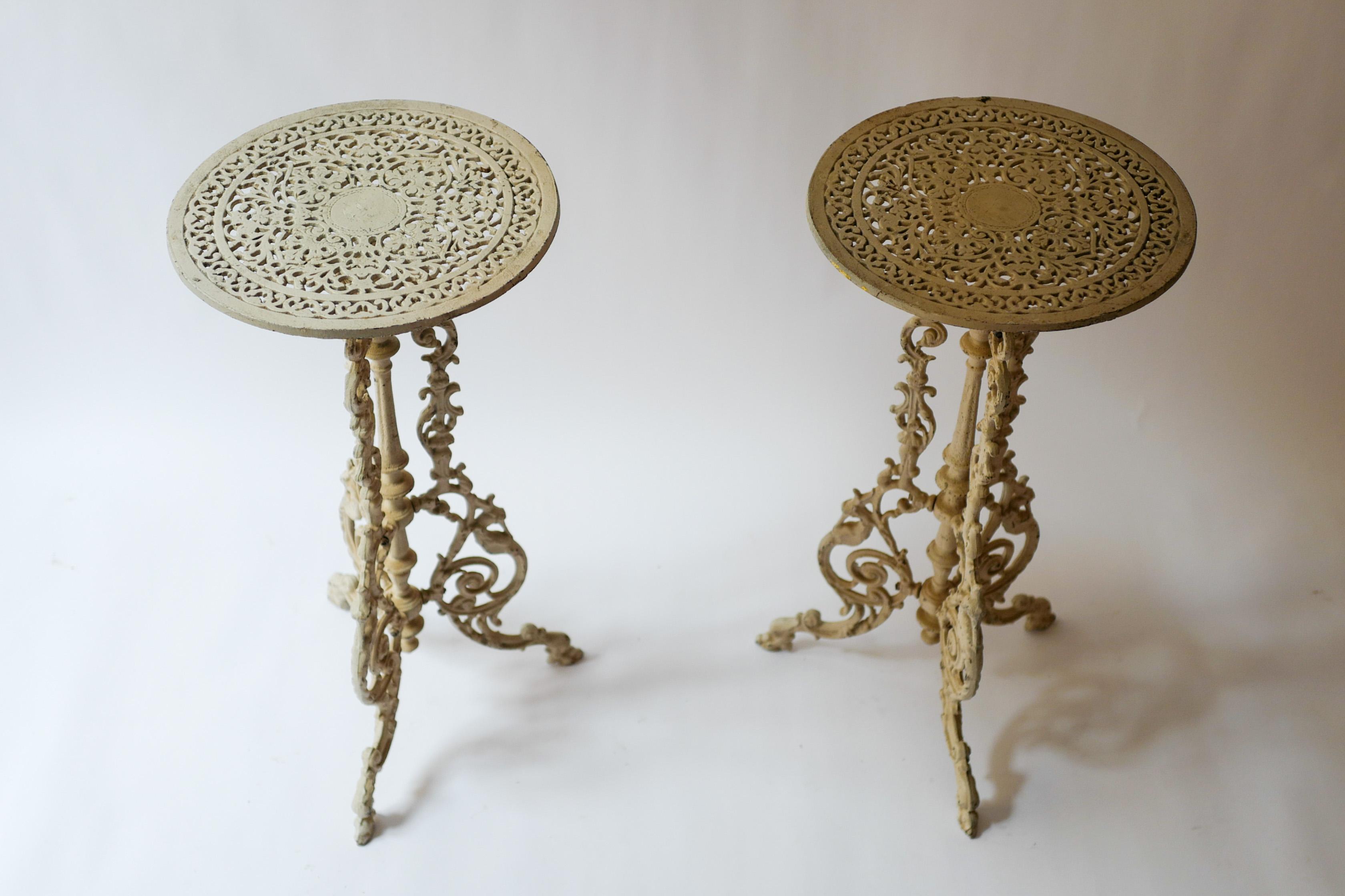 Pair of decorative iron garden pedestals from Mallorca. Top screws on and off making it easy to transport.