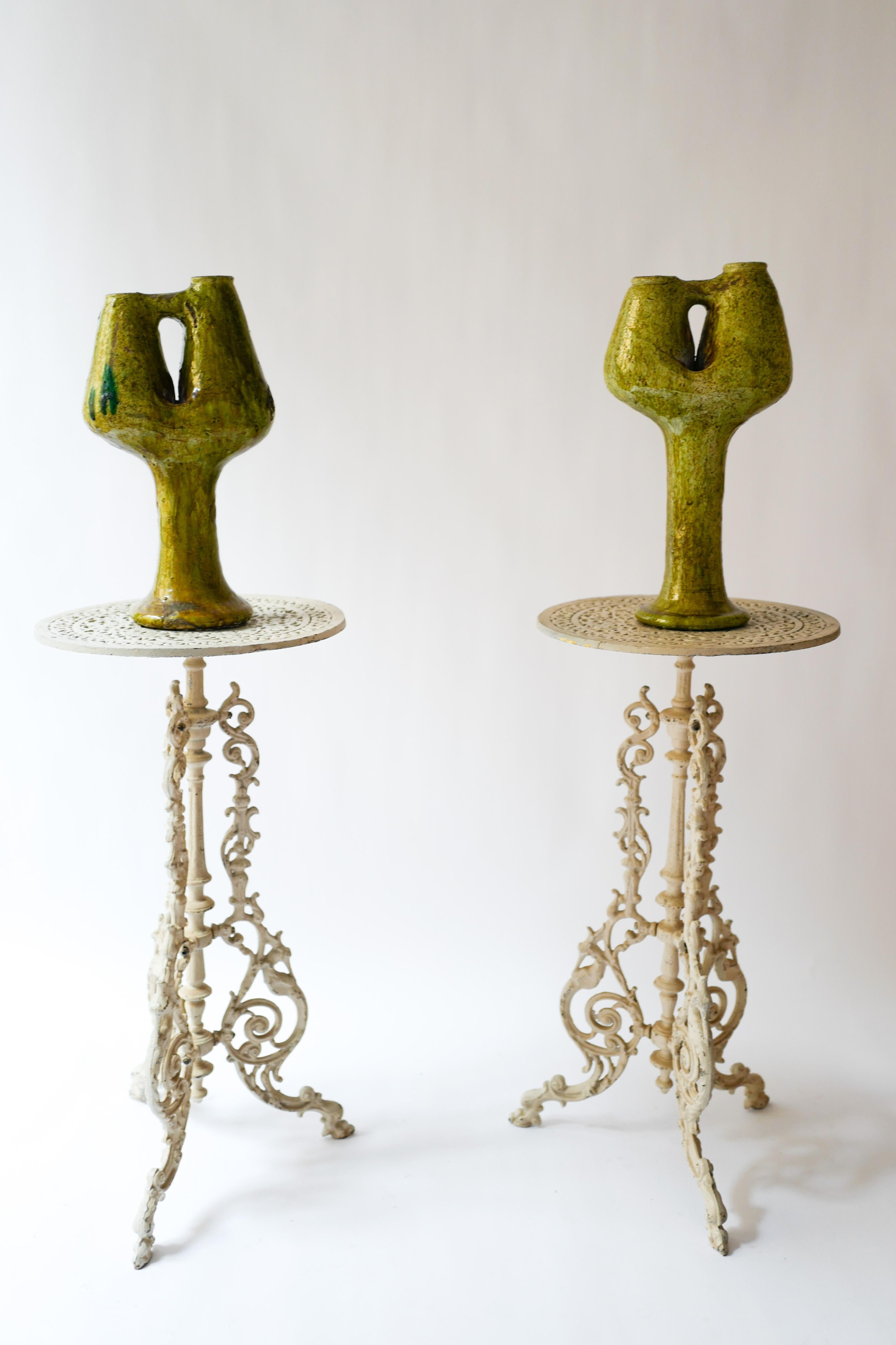 Spanish Colonial Pair of White Spanish Iron Garden Pedestals For Sale
