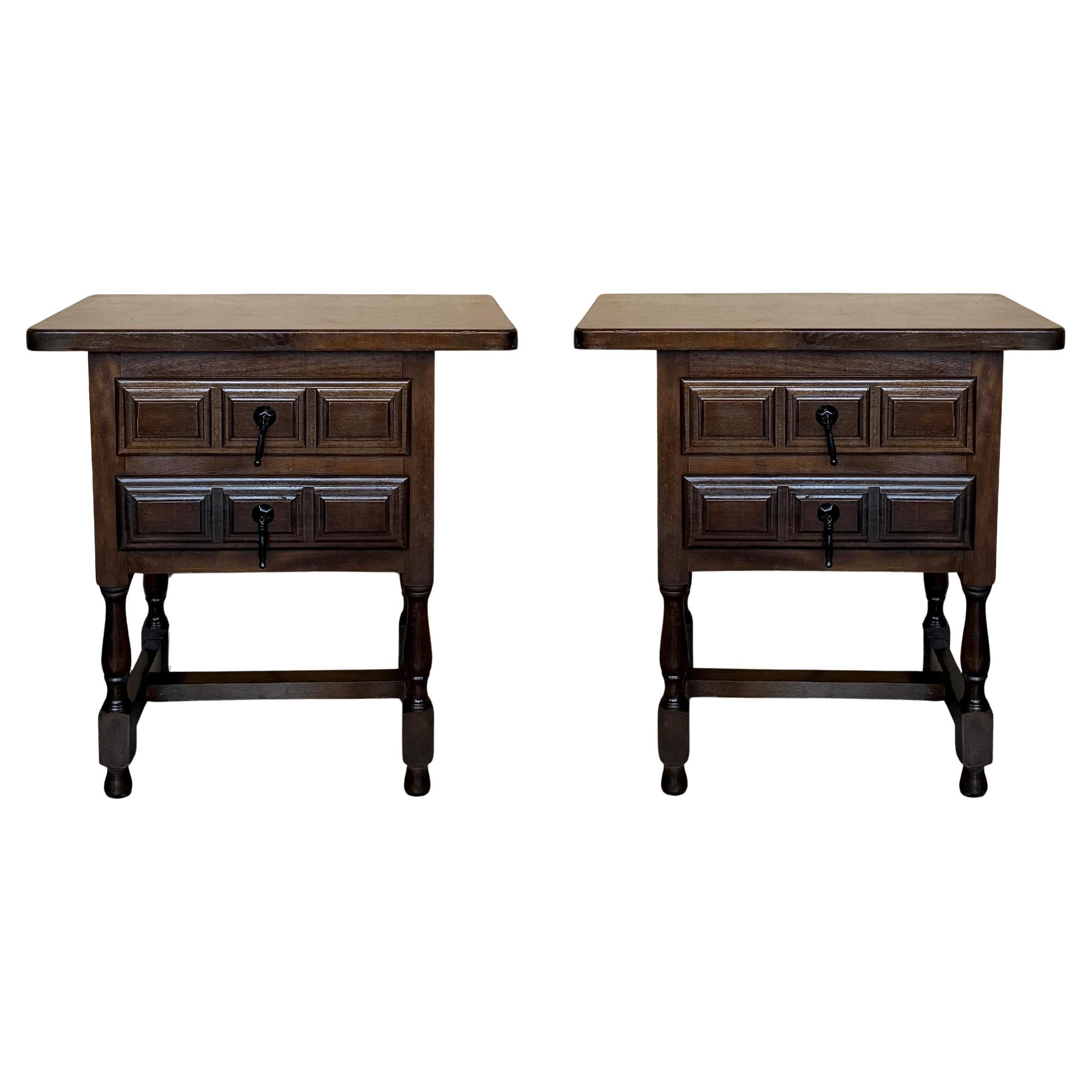Pair of Spanish Large Scale Dark Walnut Nightstand with 2 Drawers For Sale