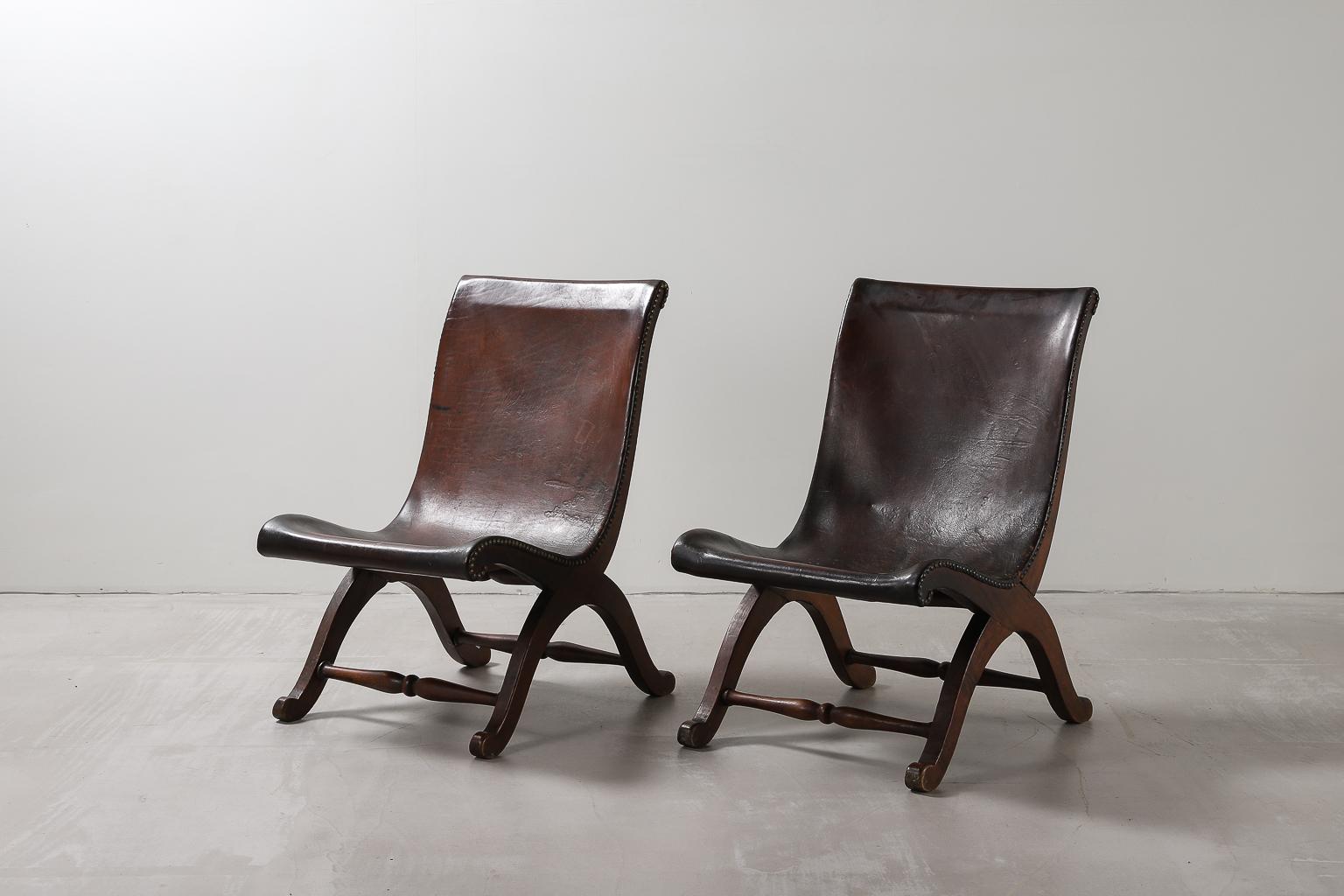 Mid-Century Modern Pair of Spanish Leather Armchairs by Pierre Lottier for Valenti, 1940s