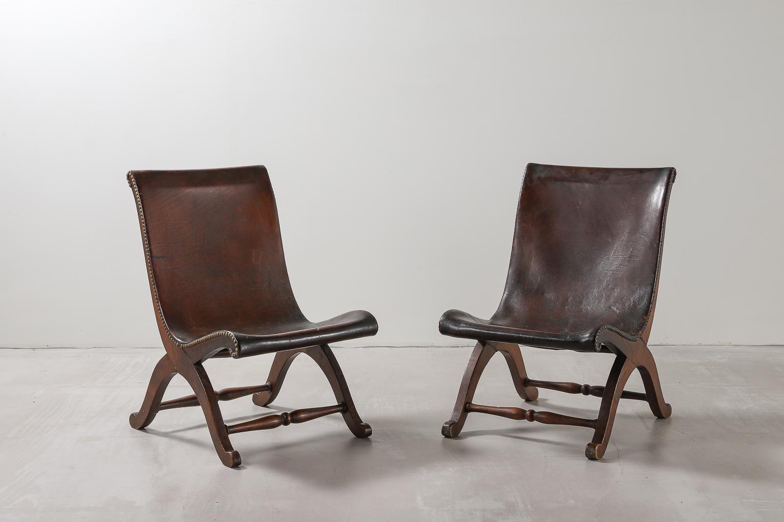 Pair of Spanish Leather Armchairs by Pierre Lottier for Valenti, 1940s In Good Condition In London, Charterhouse Square