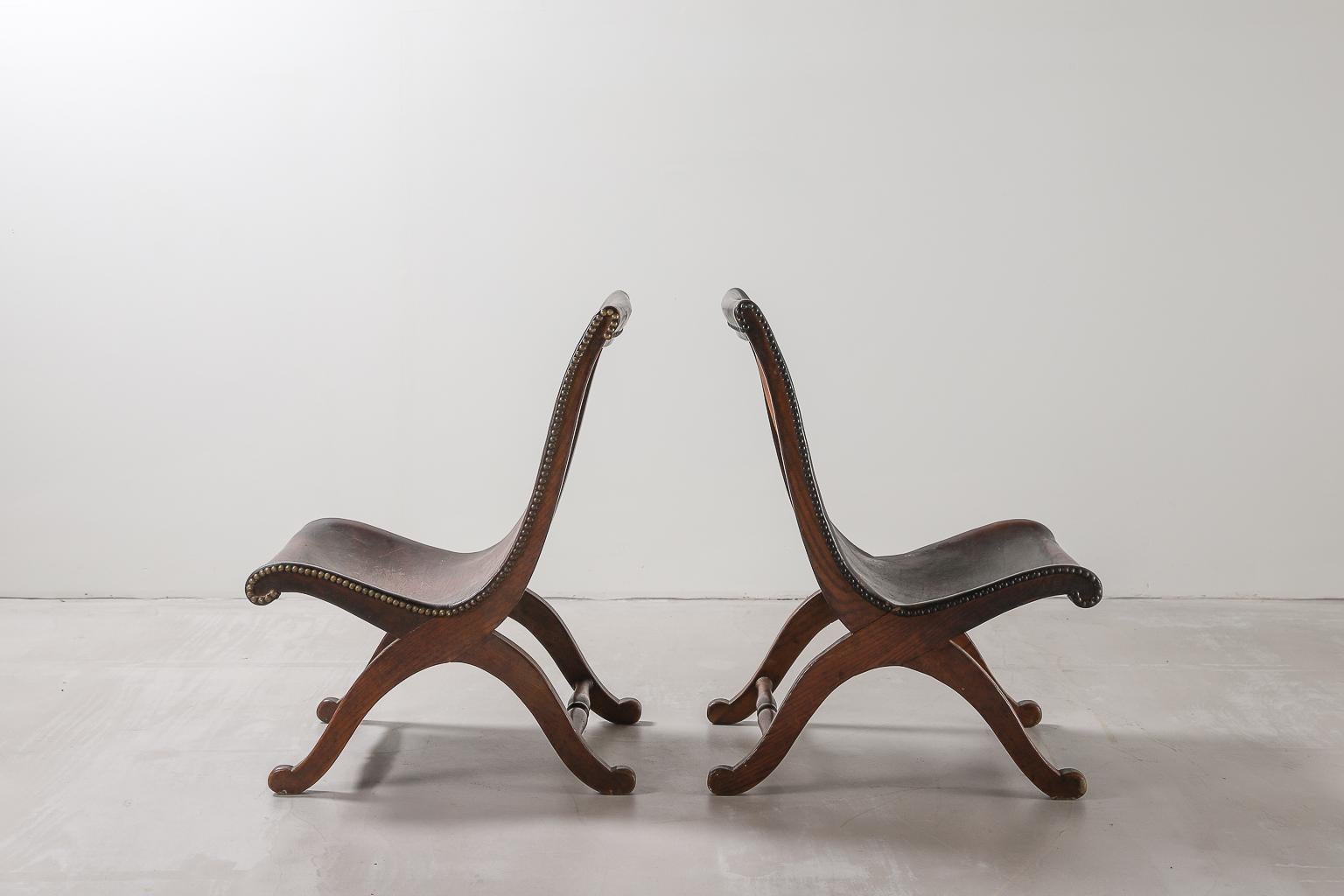 Mid-20th Century Pair of Spanish Leather Armchairs by Pierre Lottier for Valenti, 1940s
