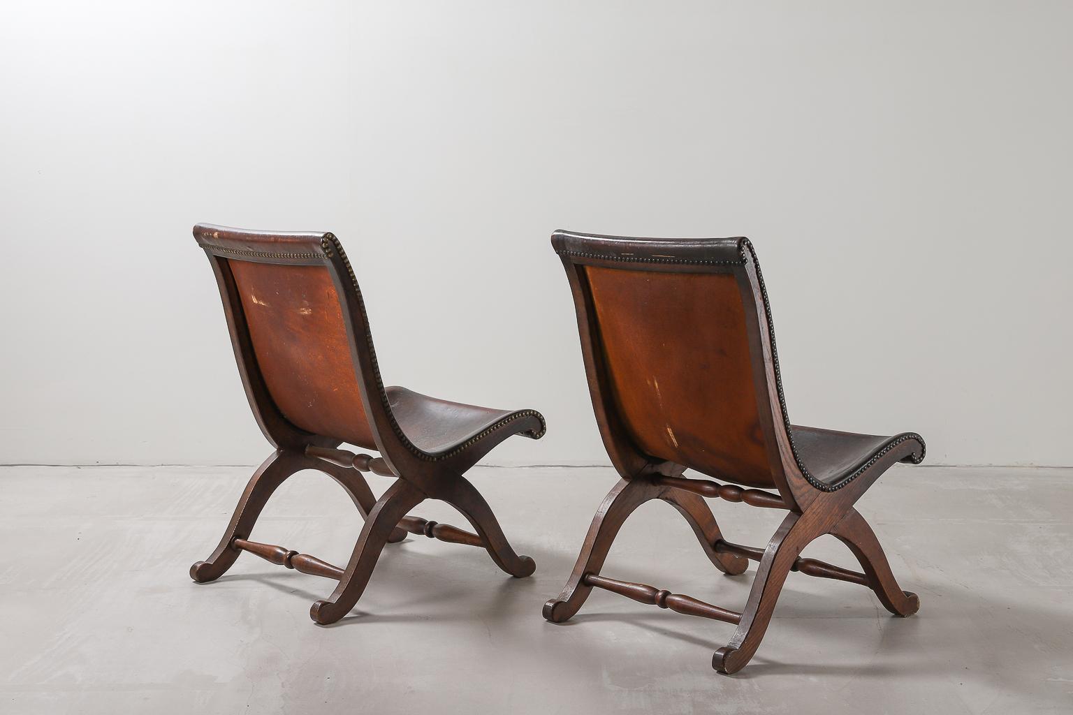 Brass Pair of Spanish Leather Armchairs by Pierre Lottier for Valenti, 1940s