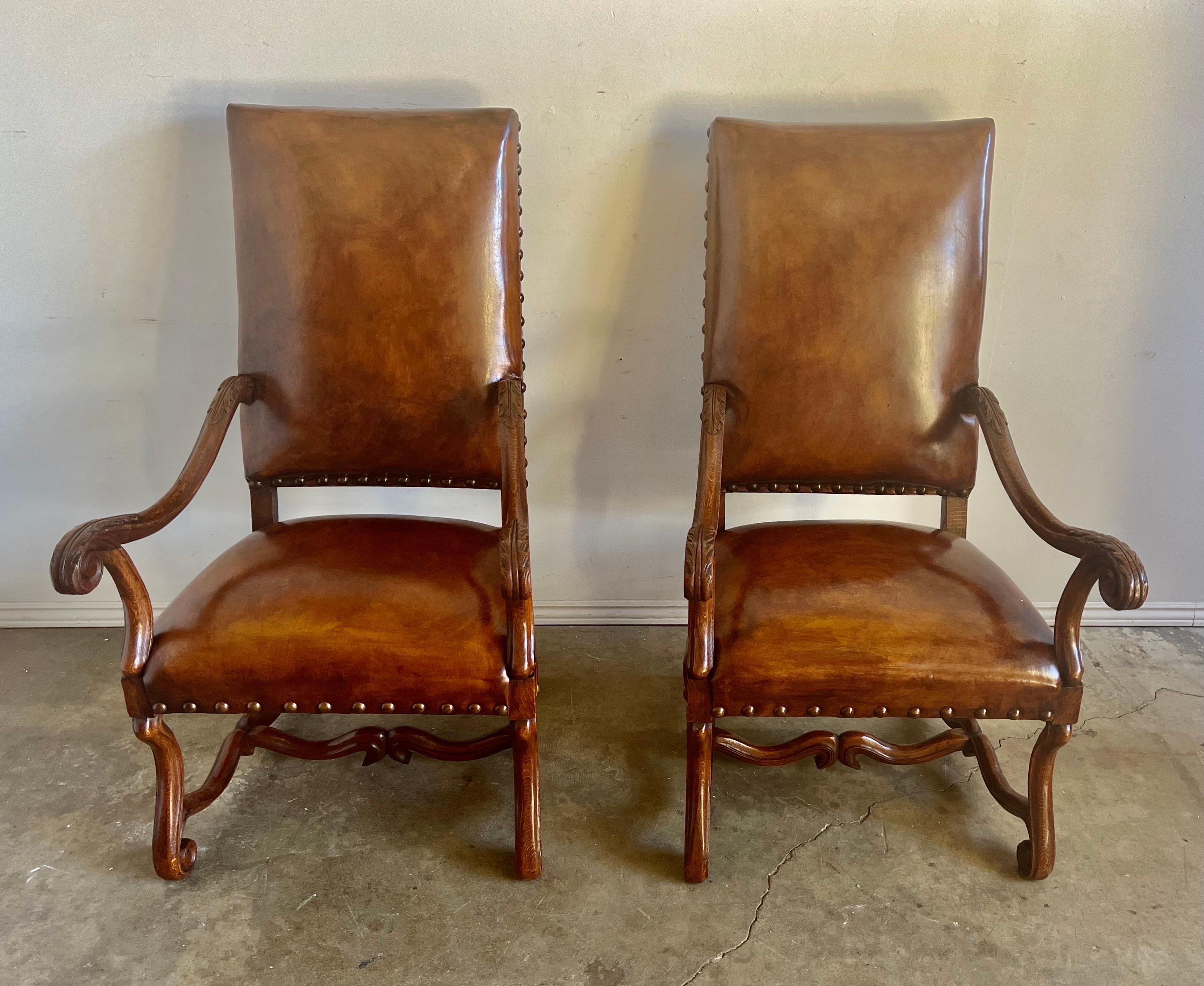 Renaissance Pair of Spanish Leather Dining Chairs, C. 1930