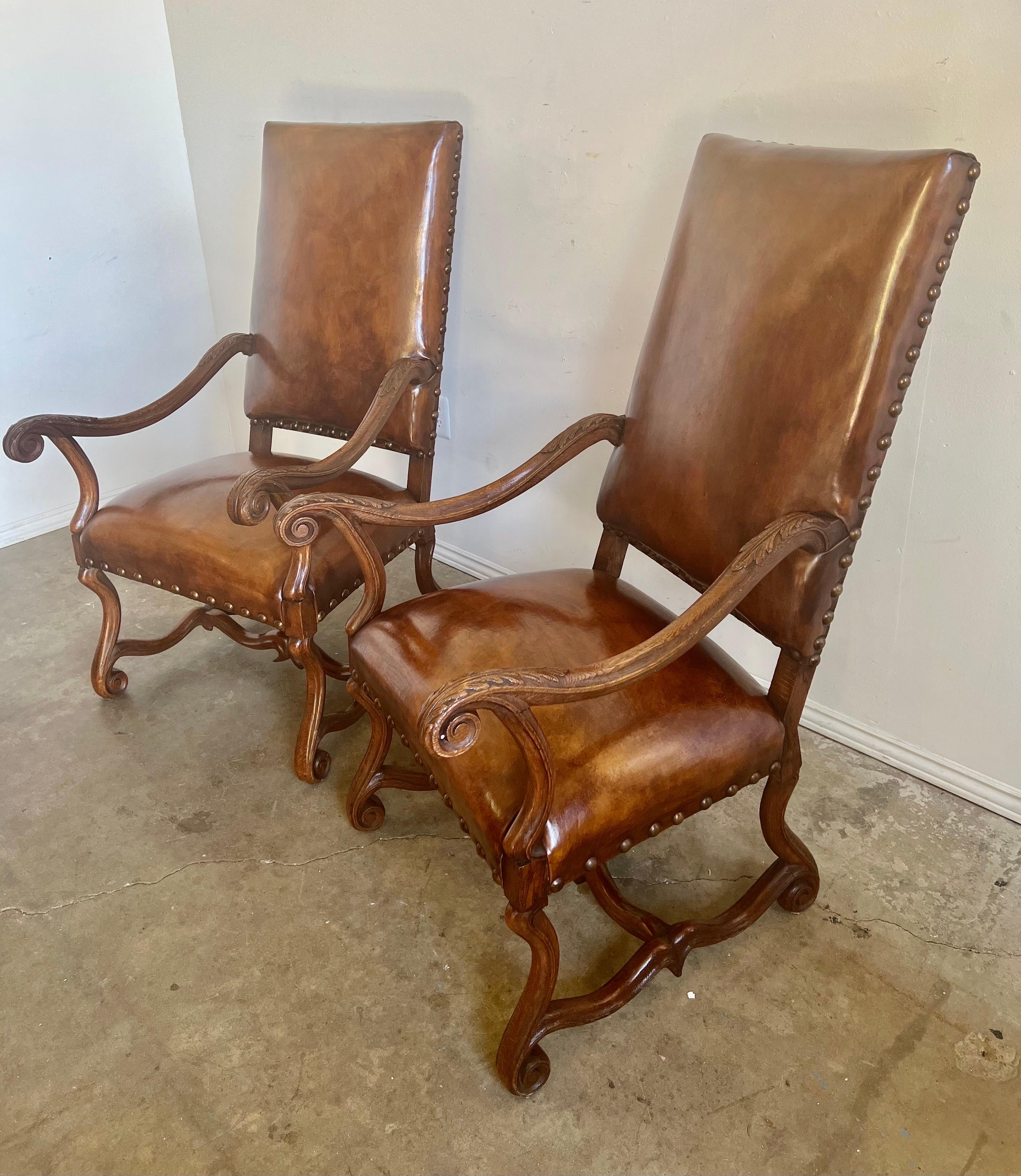 Pair of Spanish Leather Dining Chairs, C. 1930 In Good Condition In Los Angeles, CA