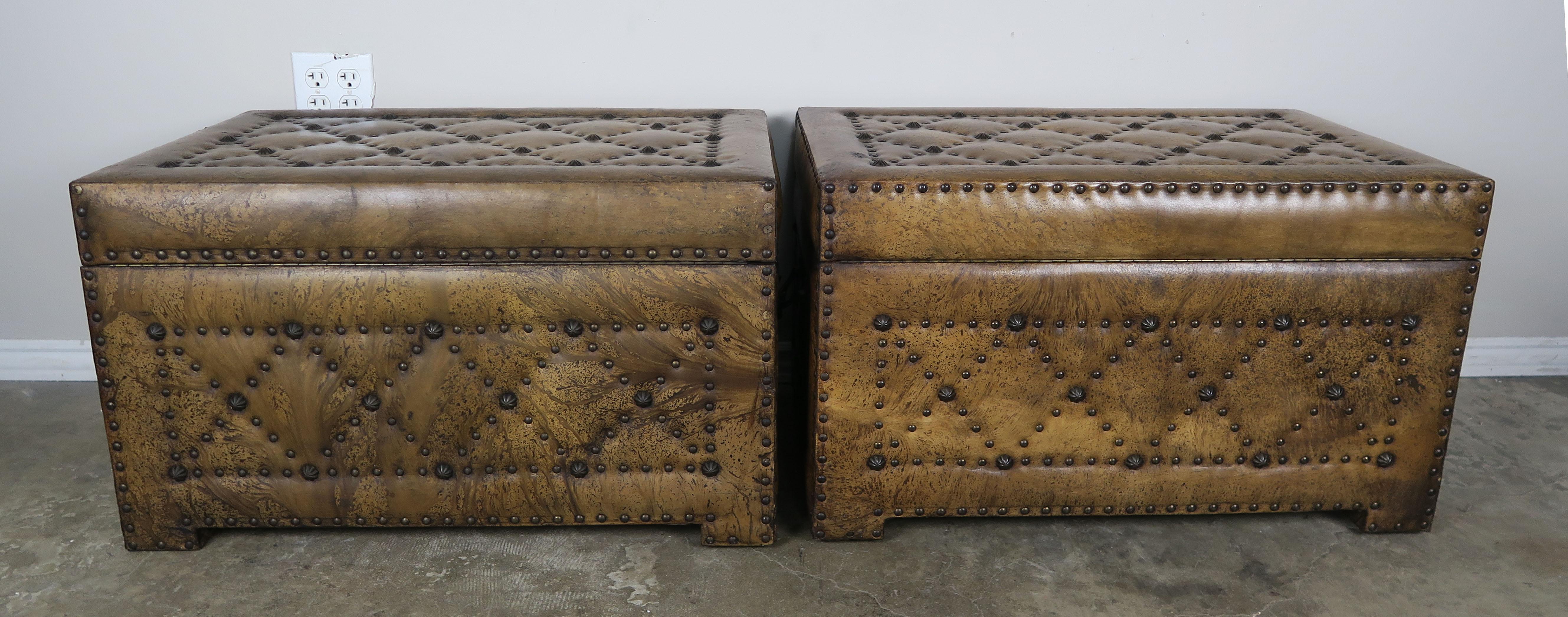 Pair of Spanish Leather Tufted Chests with Nailhead Trim 4