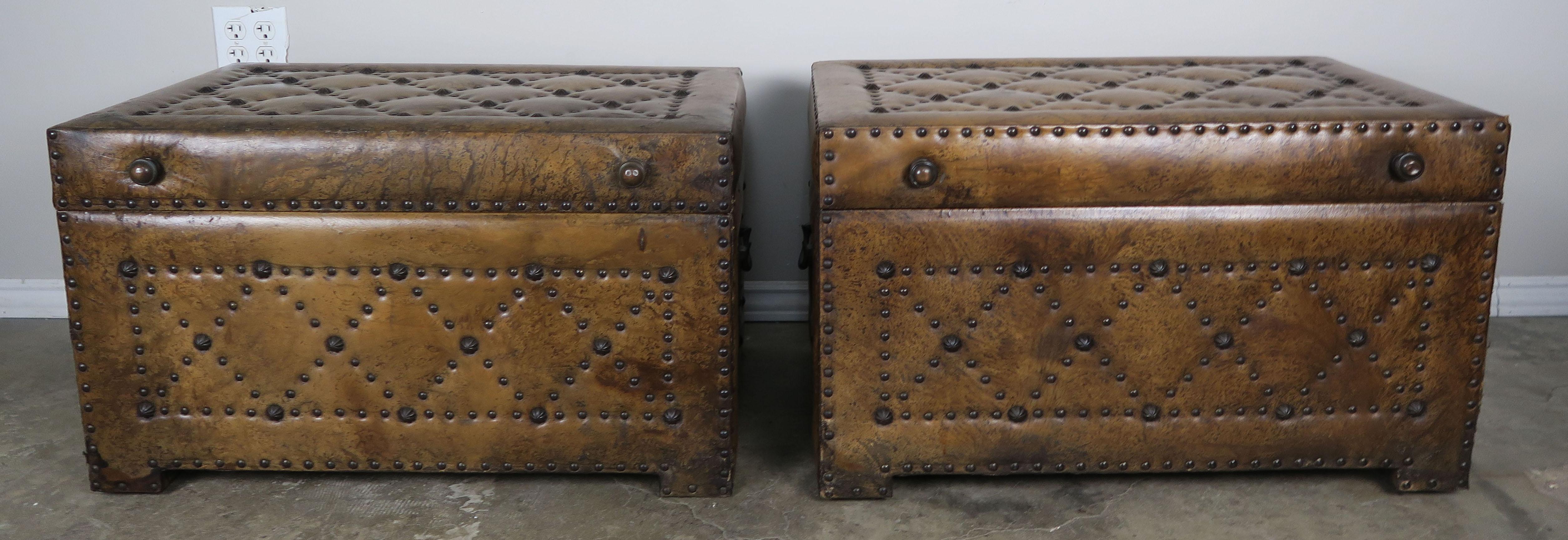 Pair of Spanish Leather Tufted Chests with Nailhead Trim 6