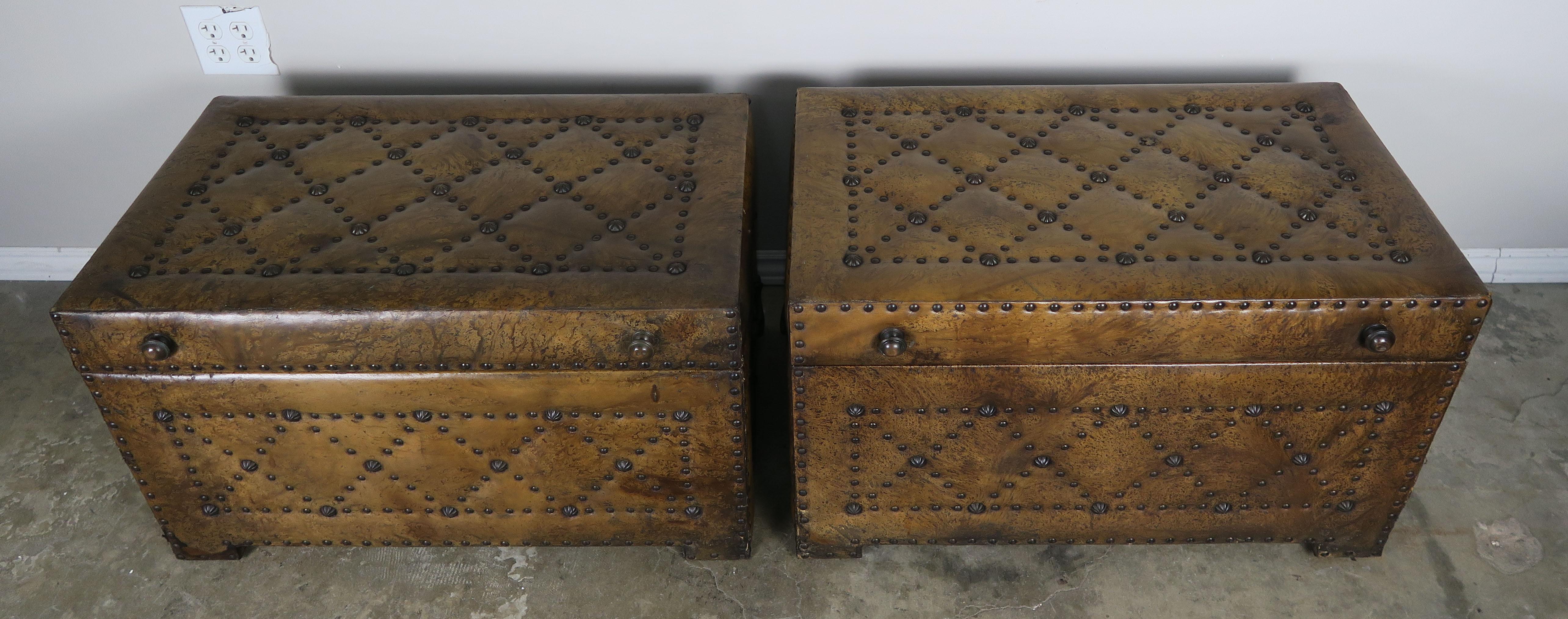Baroque Pair of Spanish Leather Tufted Chests with Nailhead Trim