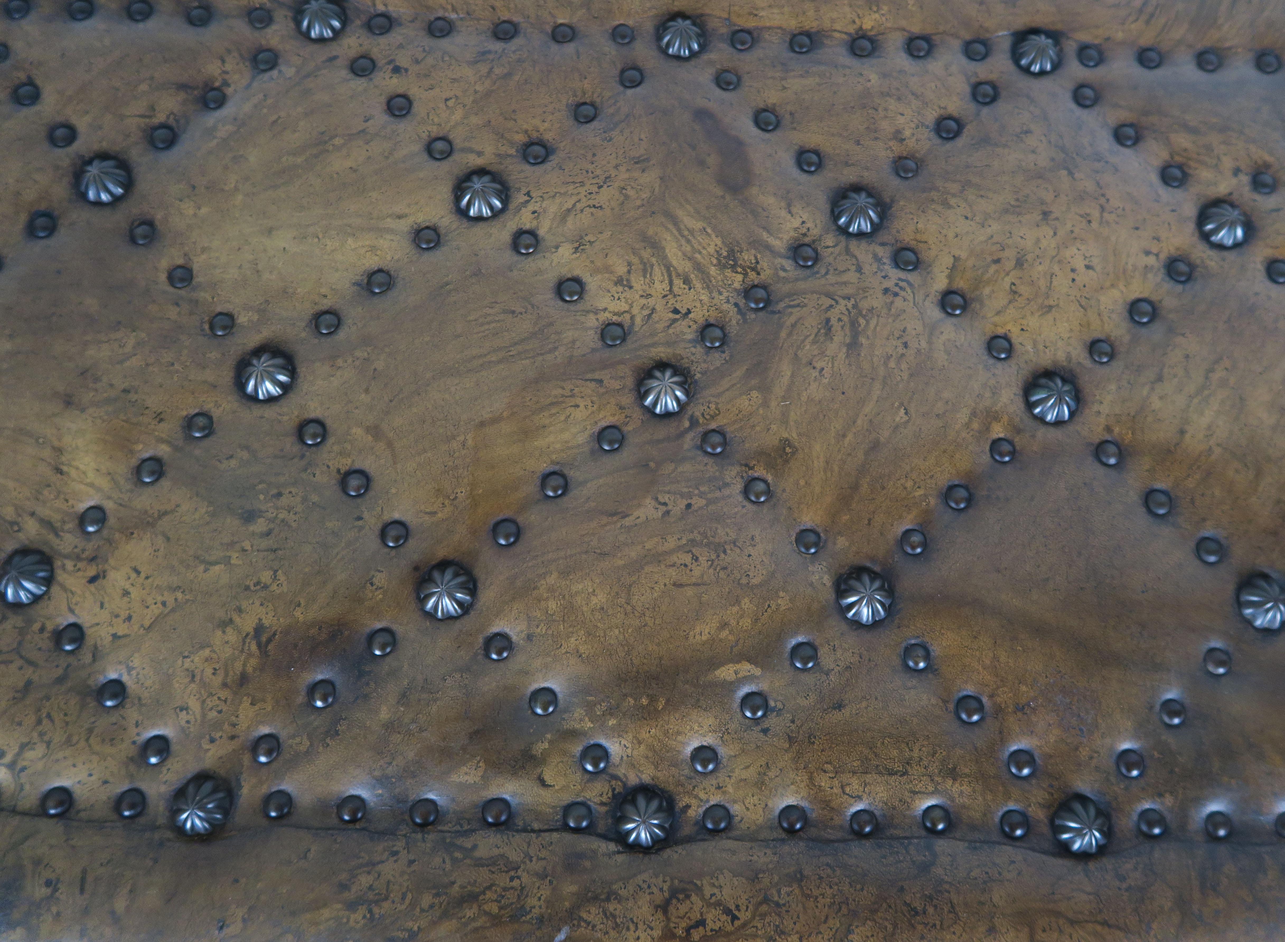 Pair of Spanish Leather Tufted Chests with Nailhead Trim In Distressed Condition In Los Angeles, CA