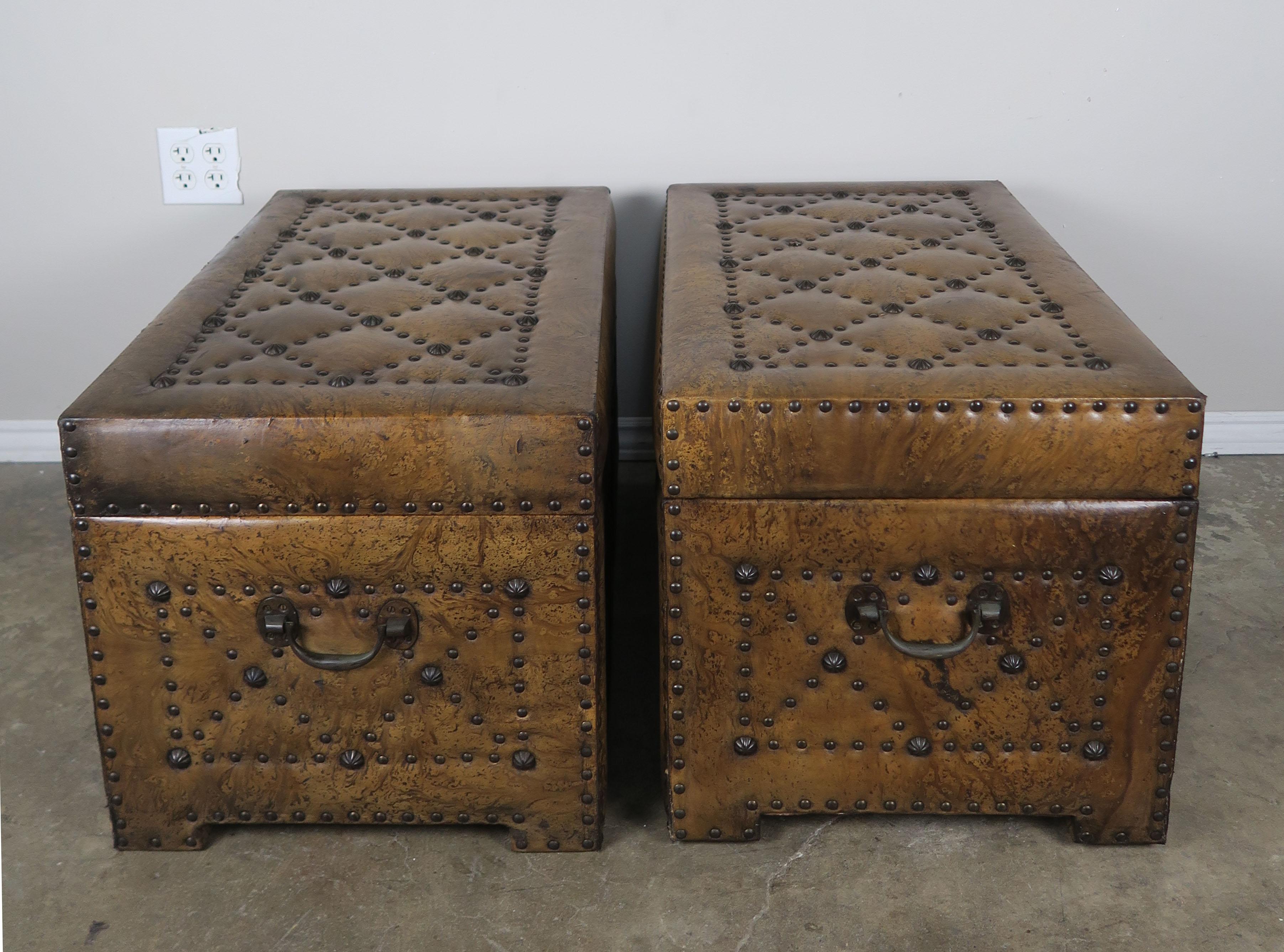 Brass Pair of Spanish Leather Tufted Chests with Nailhead Trim