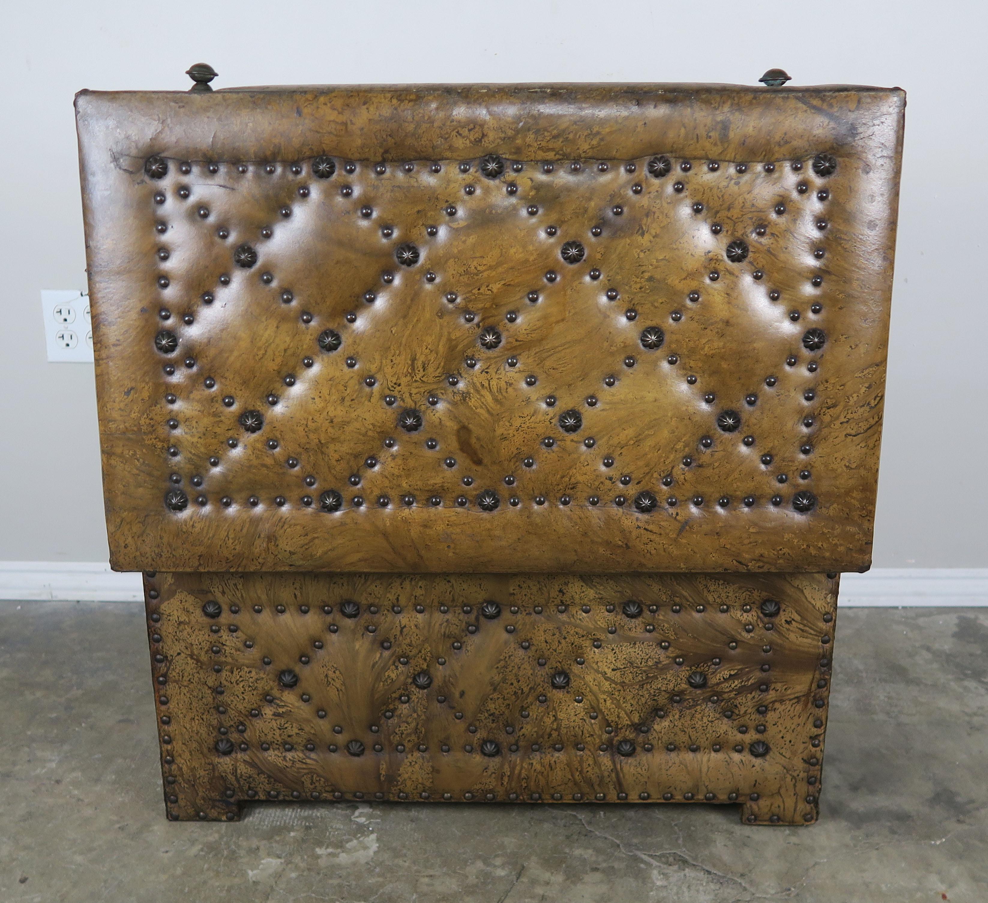 Pair of Spanish Leather Tufted Chests with Nailhead Trim 1