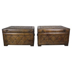 Antique Pair of Spanish Leather Tufted Chests with Nailhead Trim