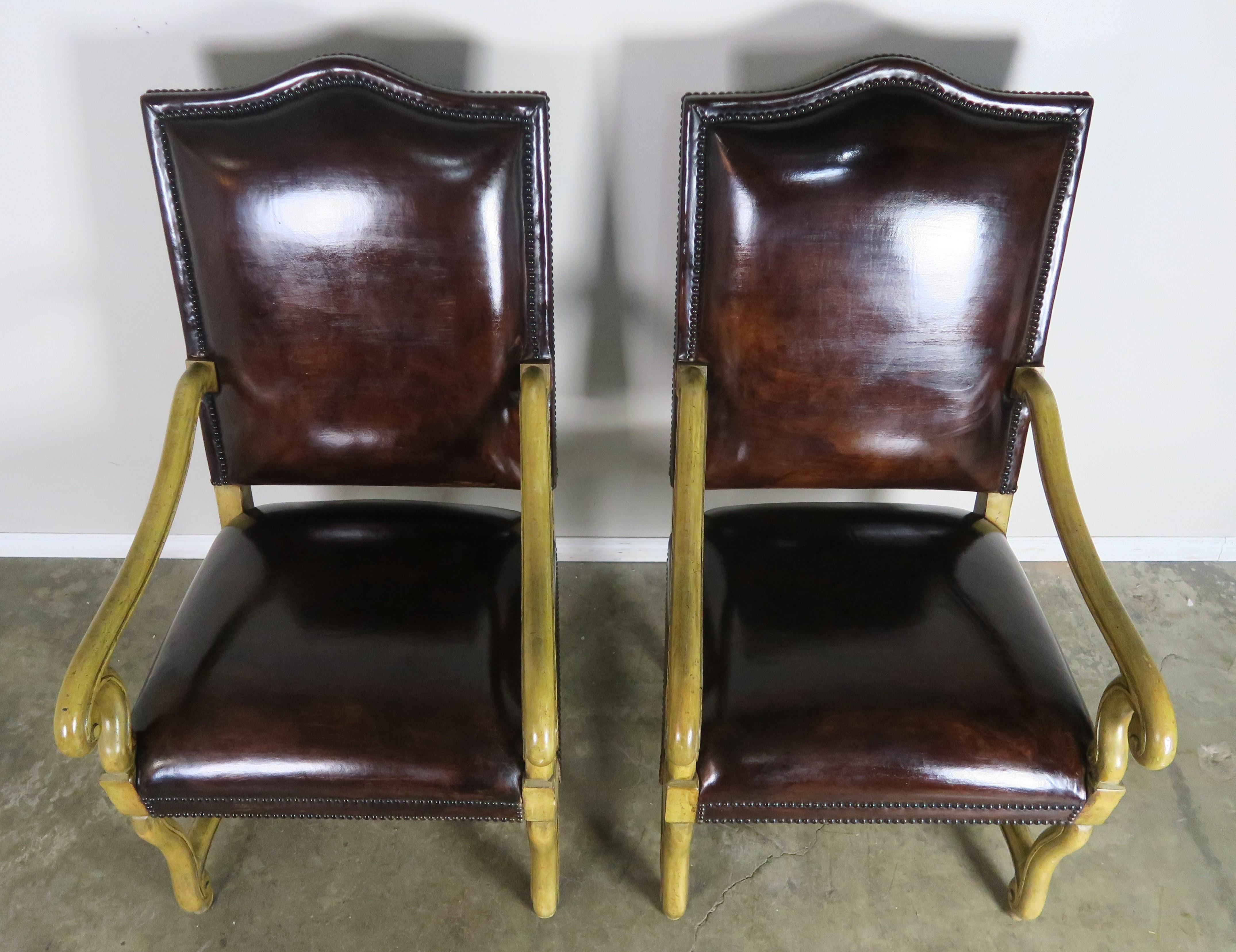 Pair of Spanish Leather Upholstered Armchairs C. 1900's For Sale 4