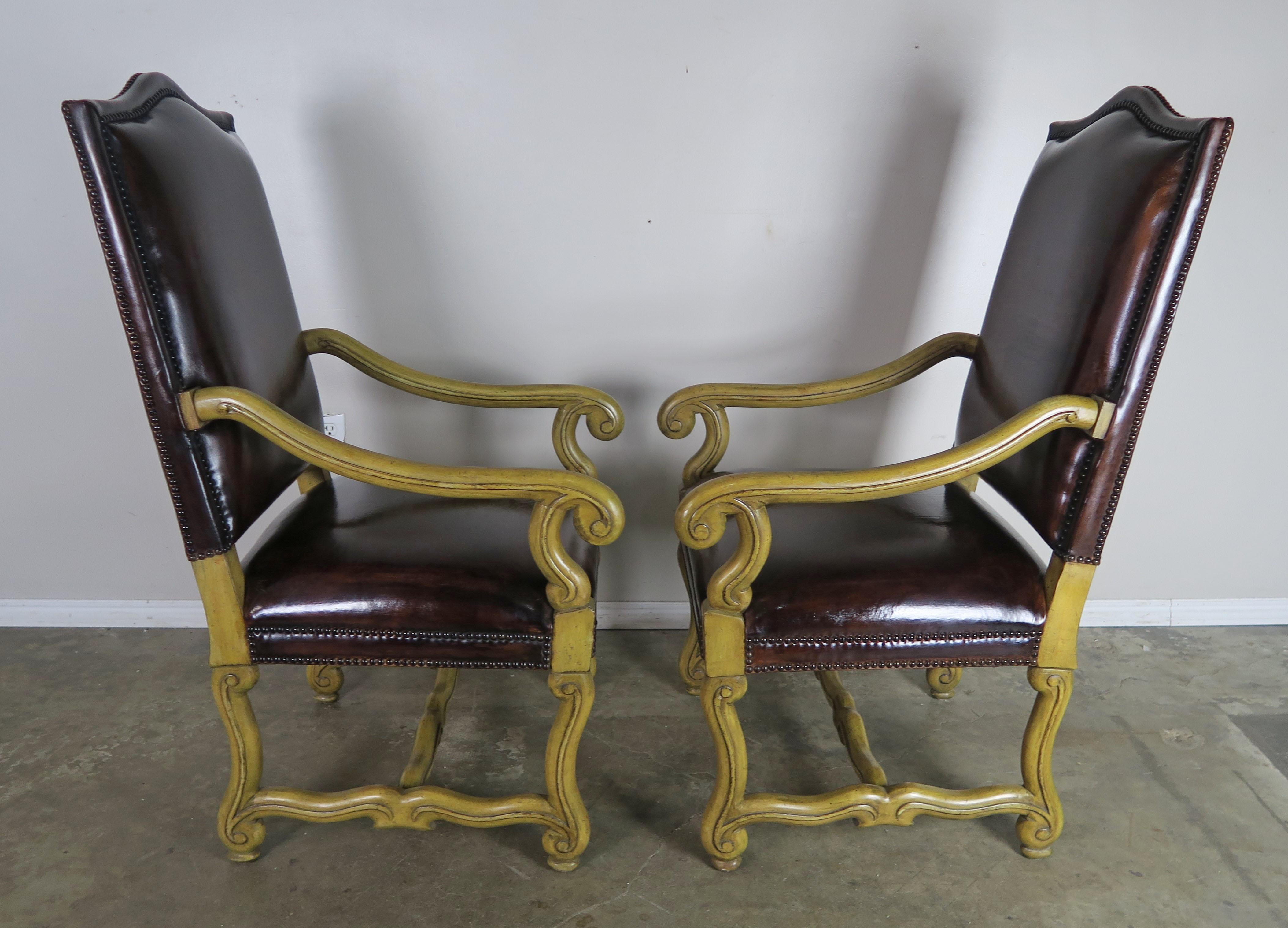 Pair of Spanish Leather Upholstered Armchairs C. 1900's For Sale 5