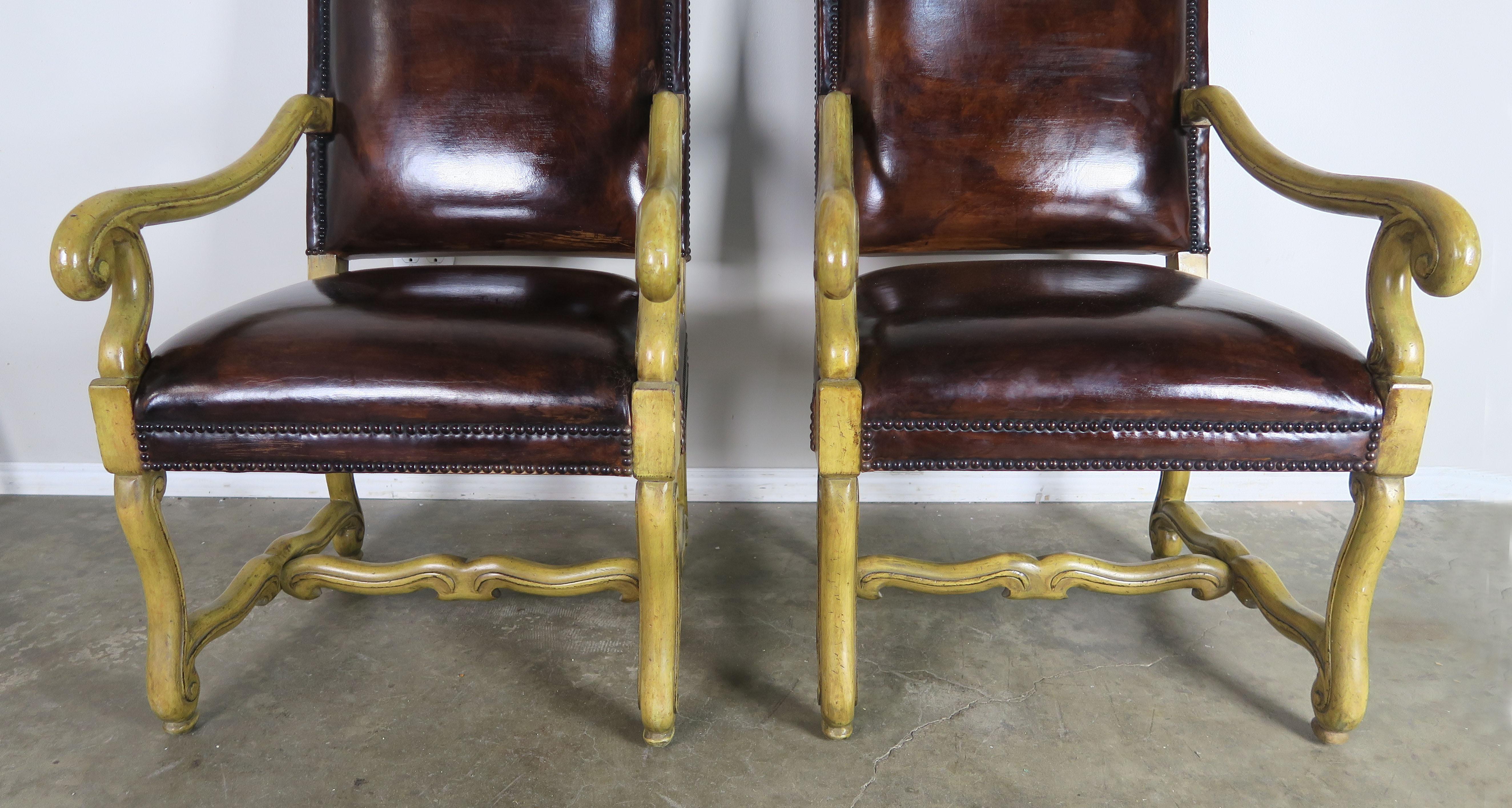 Spanish Colonial Pair of Spanish Leather Upholstered Armchairs C. 1900's For Sale