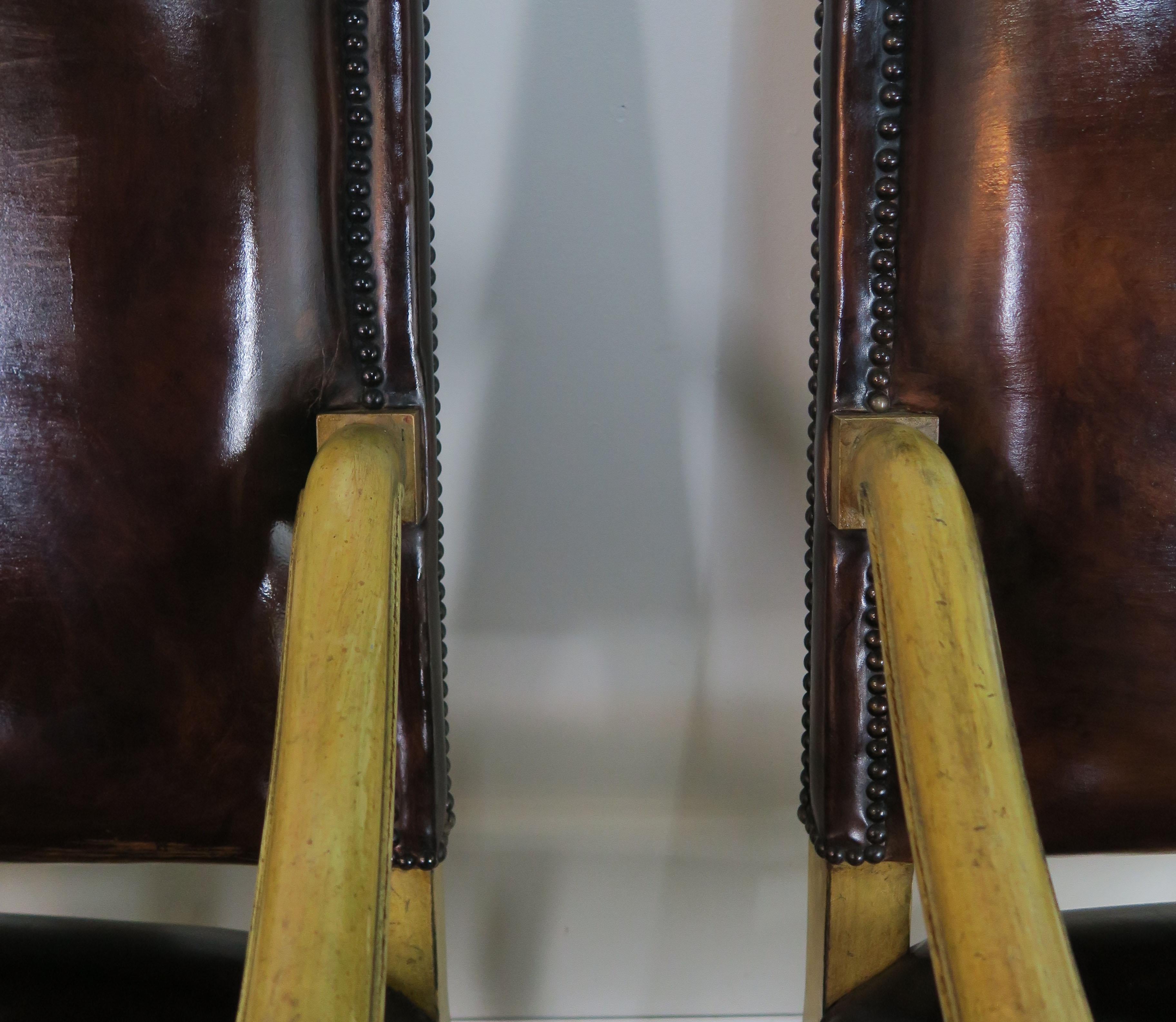 Bleached Pair of Spanish Leather Upholstered Armchairs C. 1900's For Sale