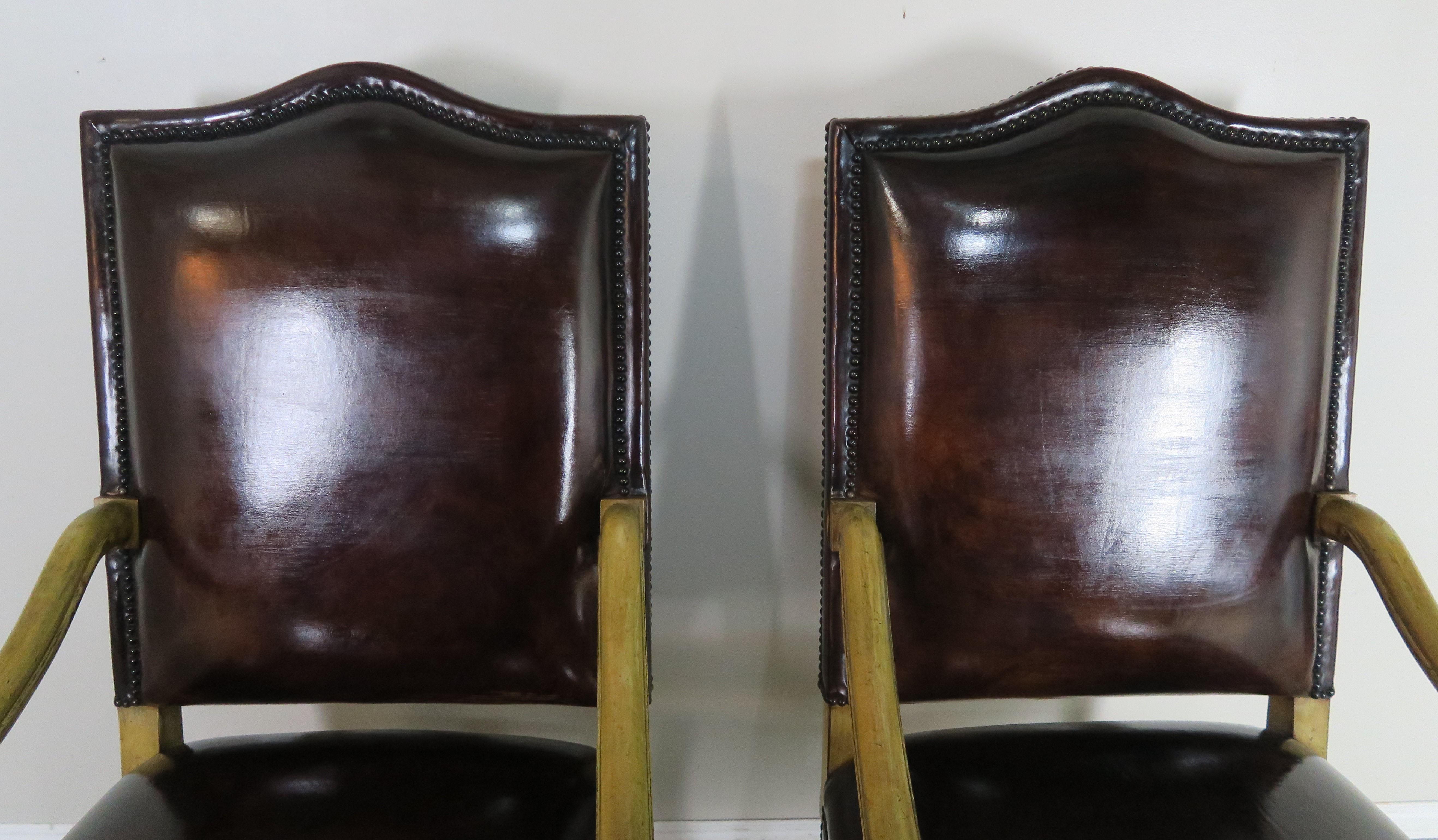 Pair of Spanish Leather Upholstered Armchairs C. 1900's In Distressed Condition For Sale In Los Angeles, CA