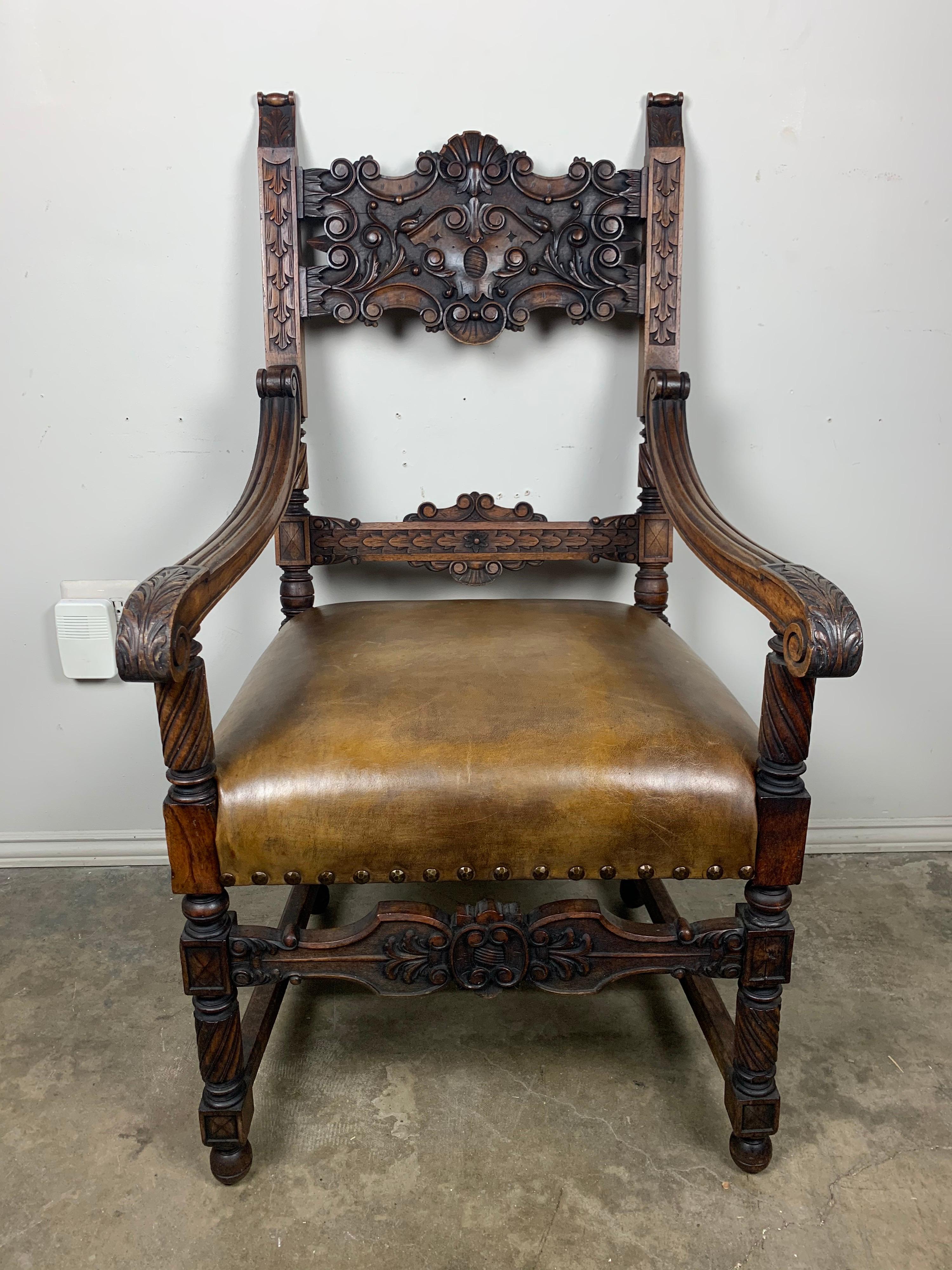 19th Century Pair of Spanish Leather Upholstered Armchairs