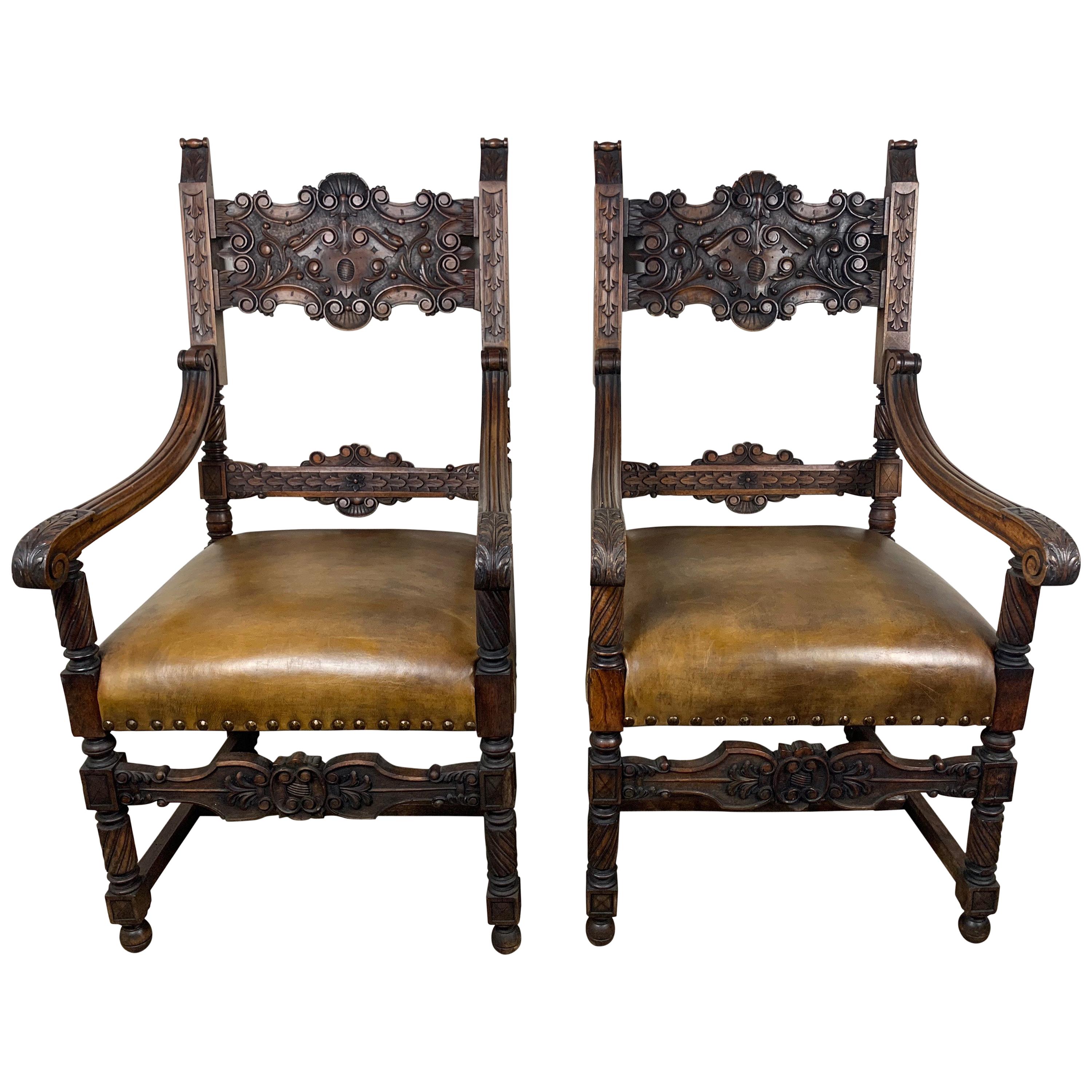 Pair of Spanish Leather Upholstered Armchairs