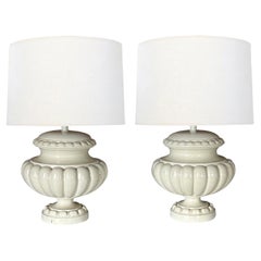 Pair of Spanish Manises Pottery White-Glazed Lobed Urns Now as Lamps