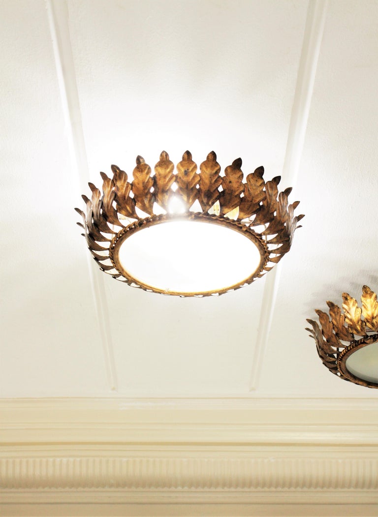 Pair Of Spanish Mid 20th Century Gilt Metal Sunburst Crown Ceiling