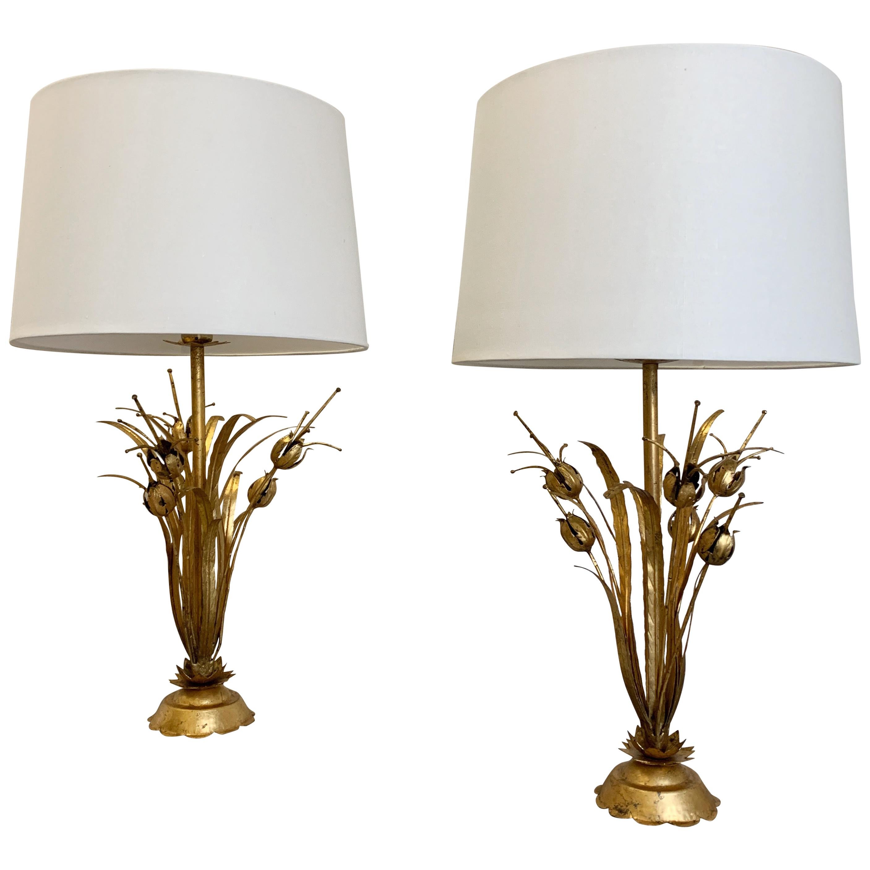 Pair of Mid Century, Flor Art Style Seed Pod Gilt Table Lamps