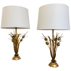 Pair of Mid Century, Flor Art Style Seed Pod Gilt Table Lamps