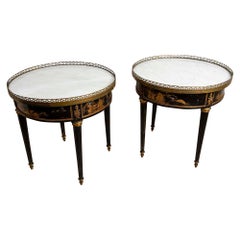 Pair of Spanish Midcentury Marble Topped Ebonized Side Tables Brass Detail