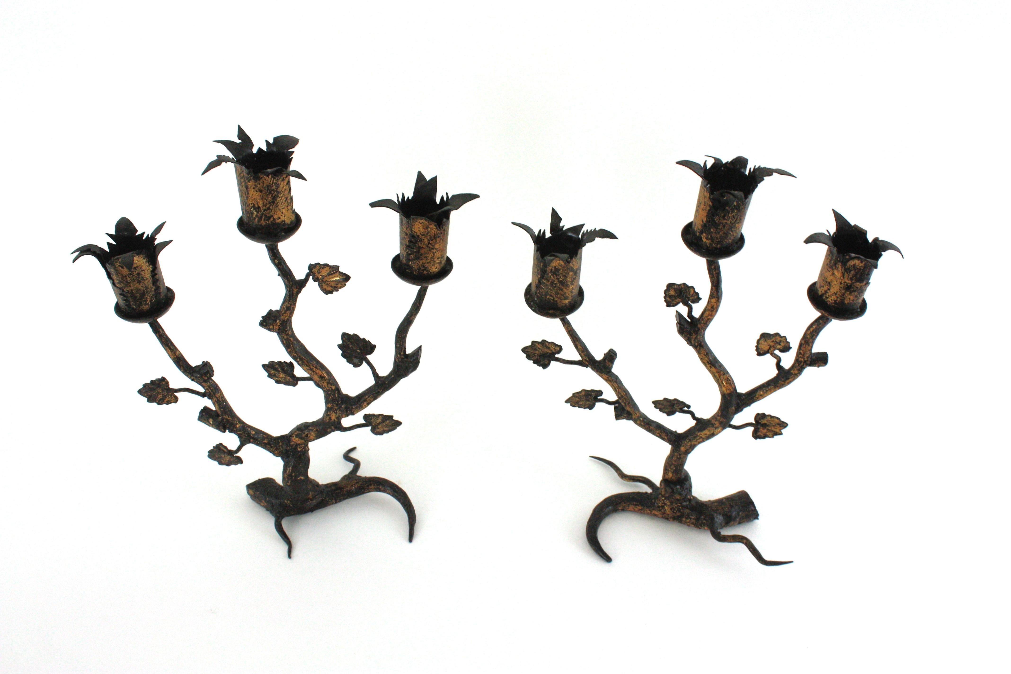 Pair of Spanish Naturalistic Candle Holders in Gilt Wrought Iron, 1940s For Sale 10