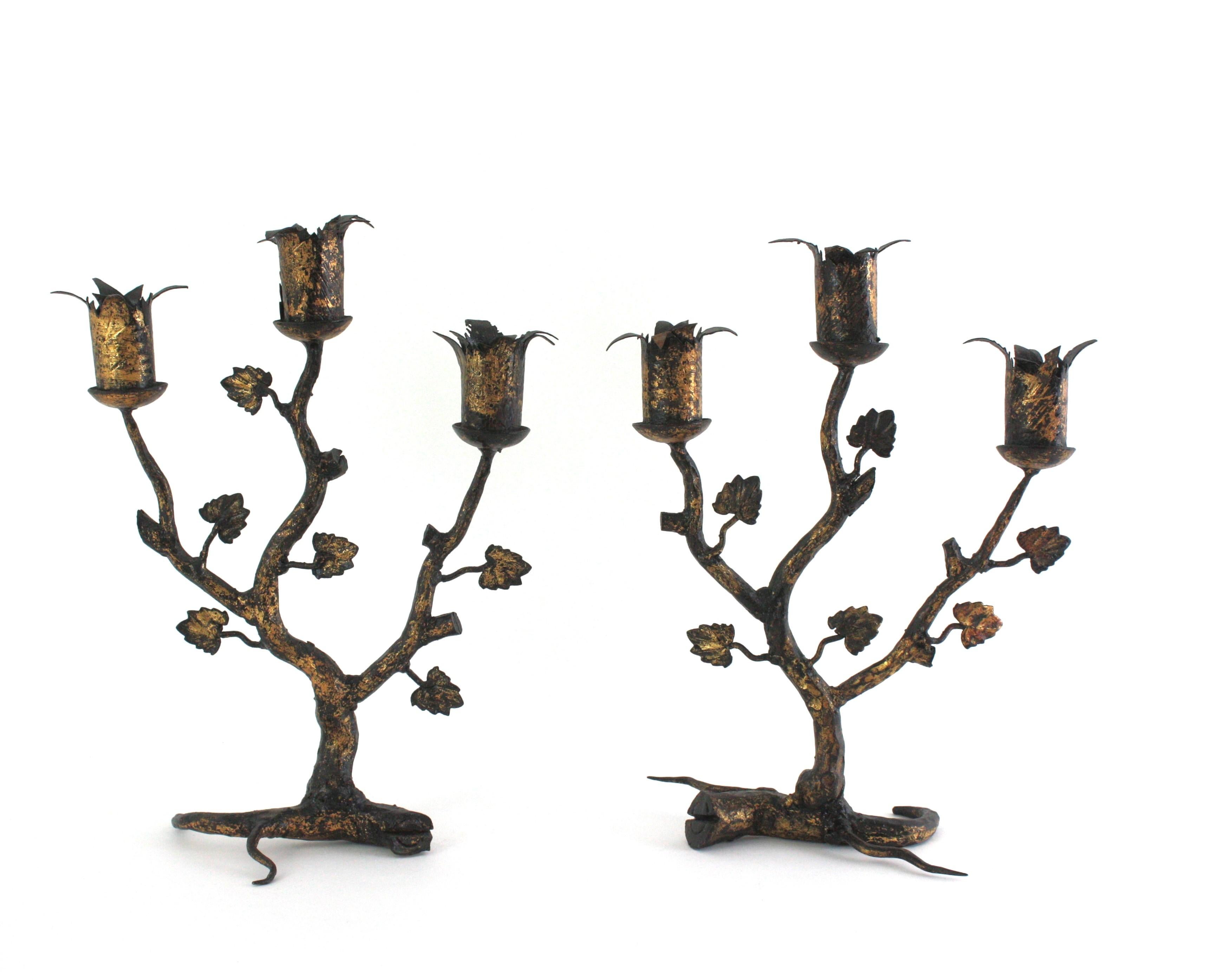 Pair of Hand Forged Tree Shaped Candle Holders, Iron, Gold Leaf
Spain, 1940s
___________________________________________________________________________
One of a kind hand forged iron foliage candle holders. This stunning candle holders are finely