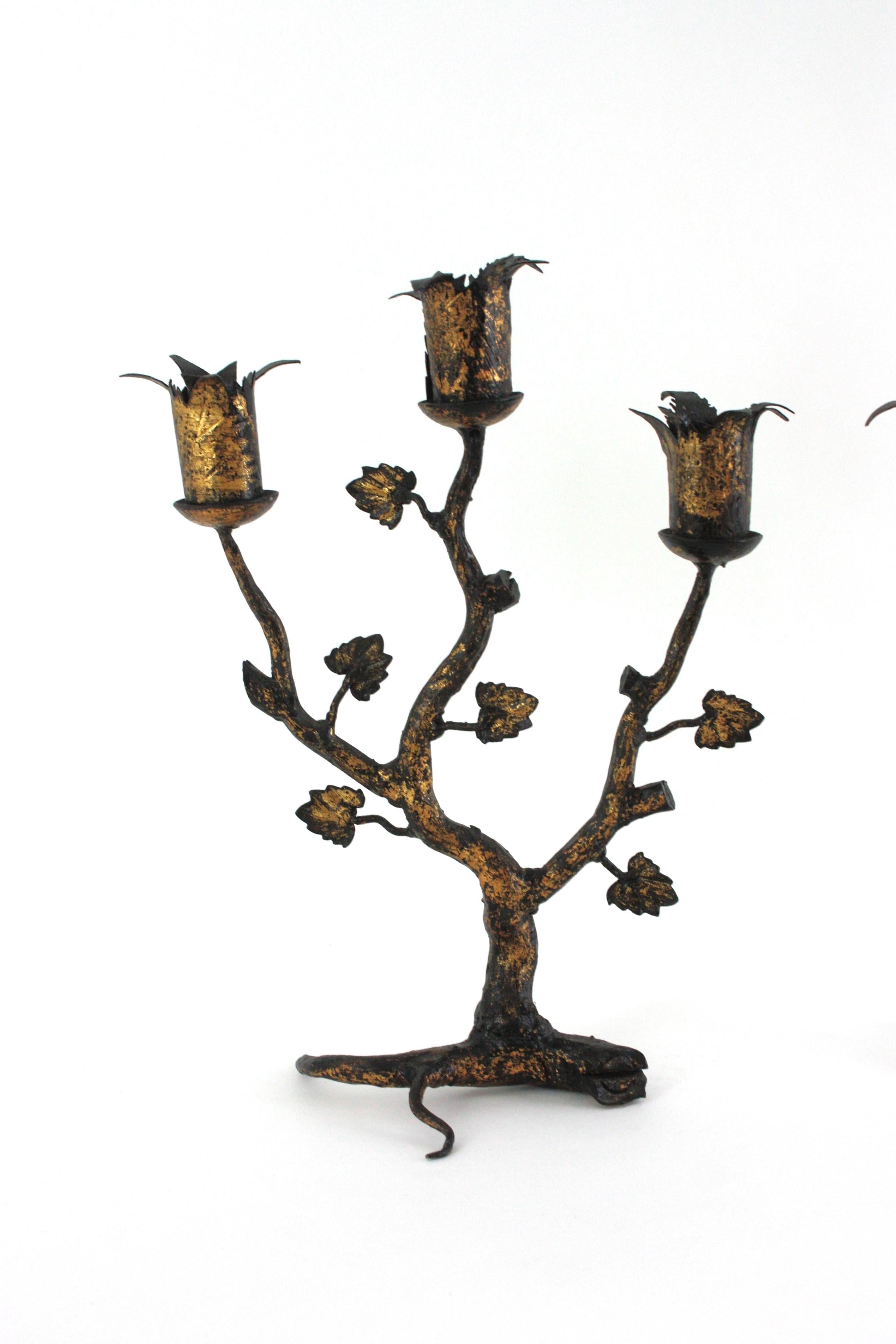 Hollywood Regency Pair of Spanish Naturalistic Candle Holders in Gilt Wrought Iron, 1940s For Sale