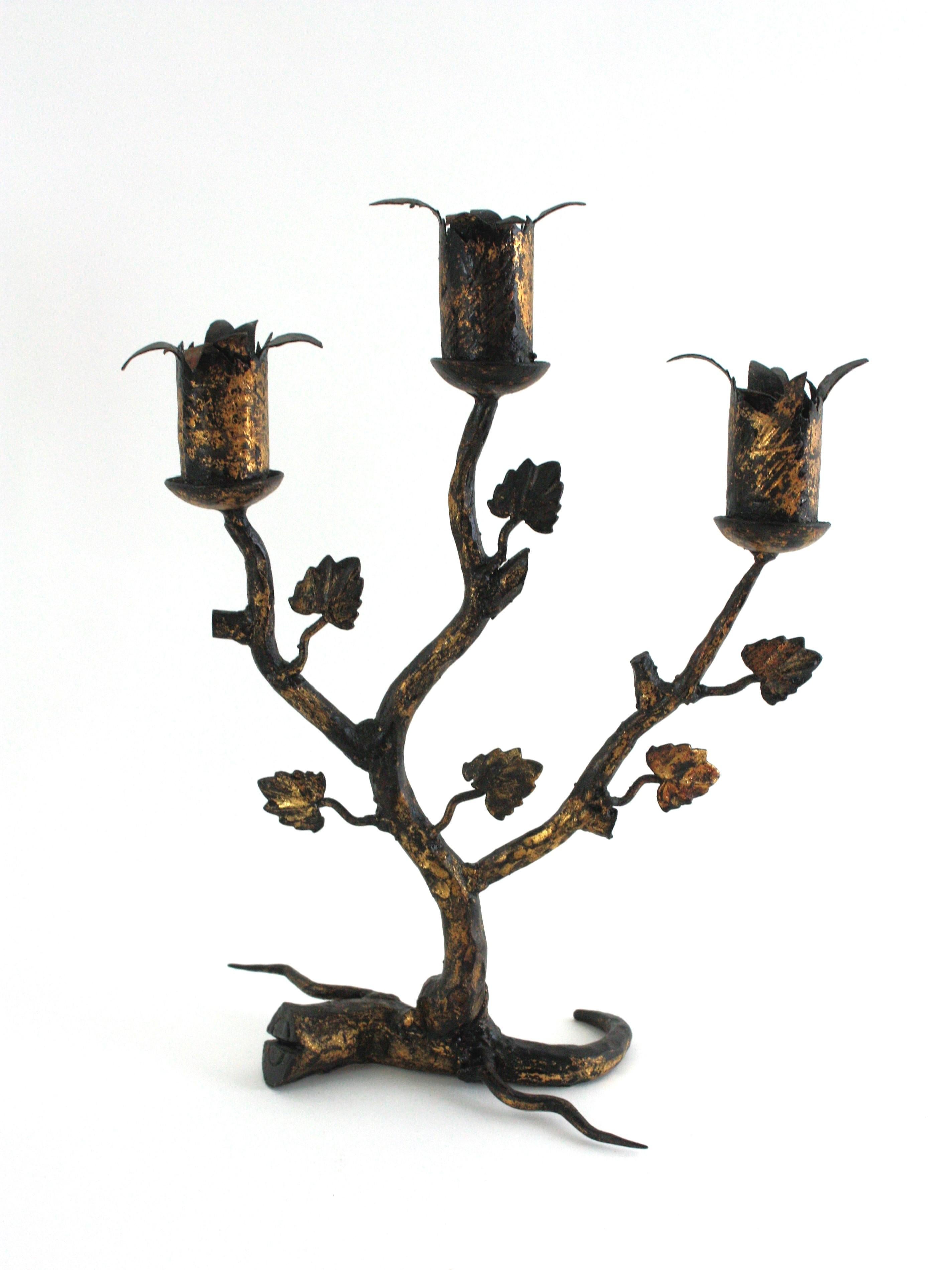 Forged Pair of Spanish Naturalistic Candle Holders in Gilt Wrought Iron, 1940s For Sale