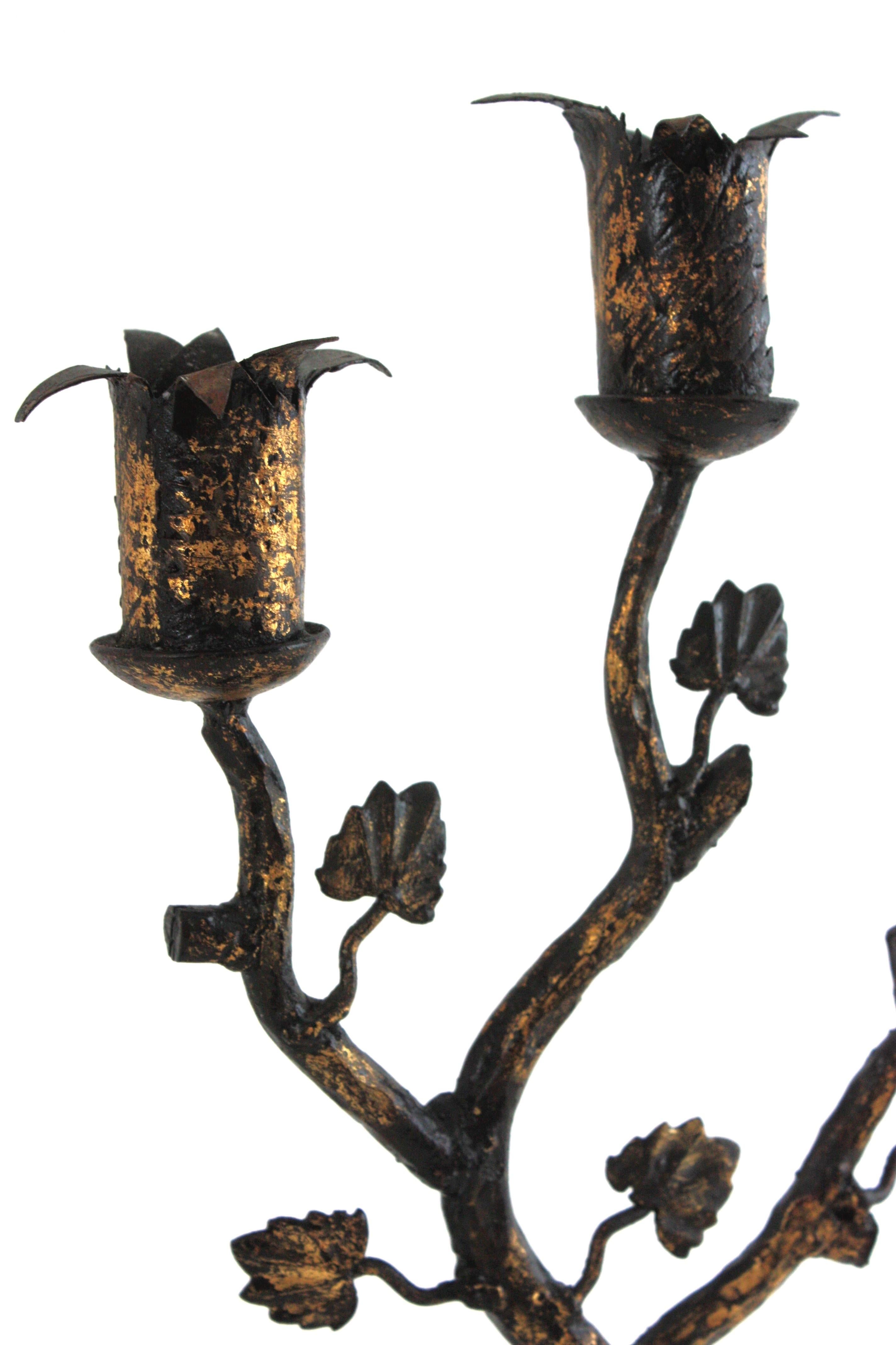 20th Century Pair of Spanish Naturalistic Candle Holders in Gilt Wrought Iron, 1940s For Sale