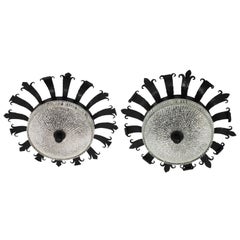 Sunburst Crown Flush Mounts or Wall Lights in Wrought Iron and Glass, Pair