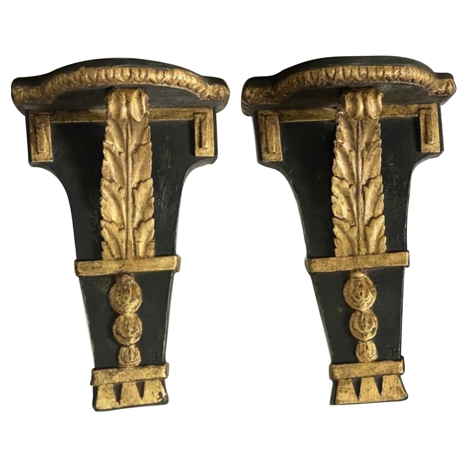 Pair of Spanish Neoclassical Carved Gilded and Ebonized Wooden Wall Bracket