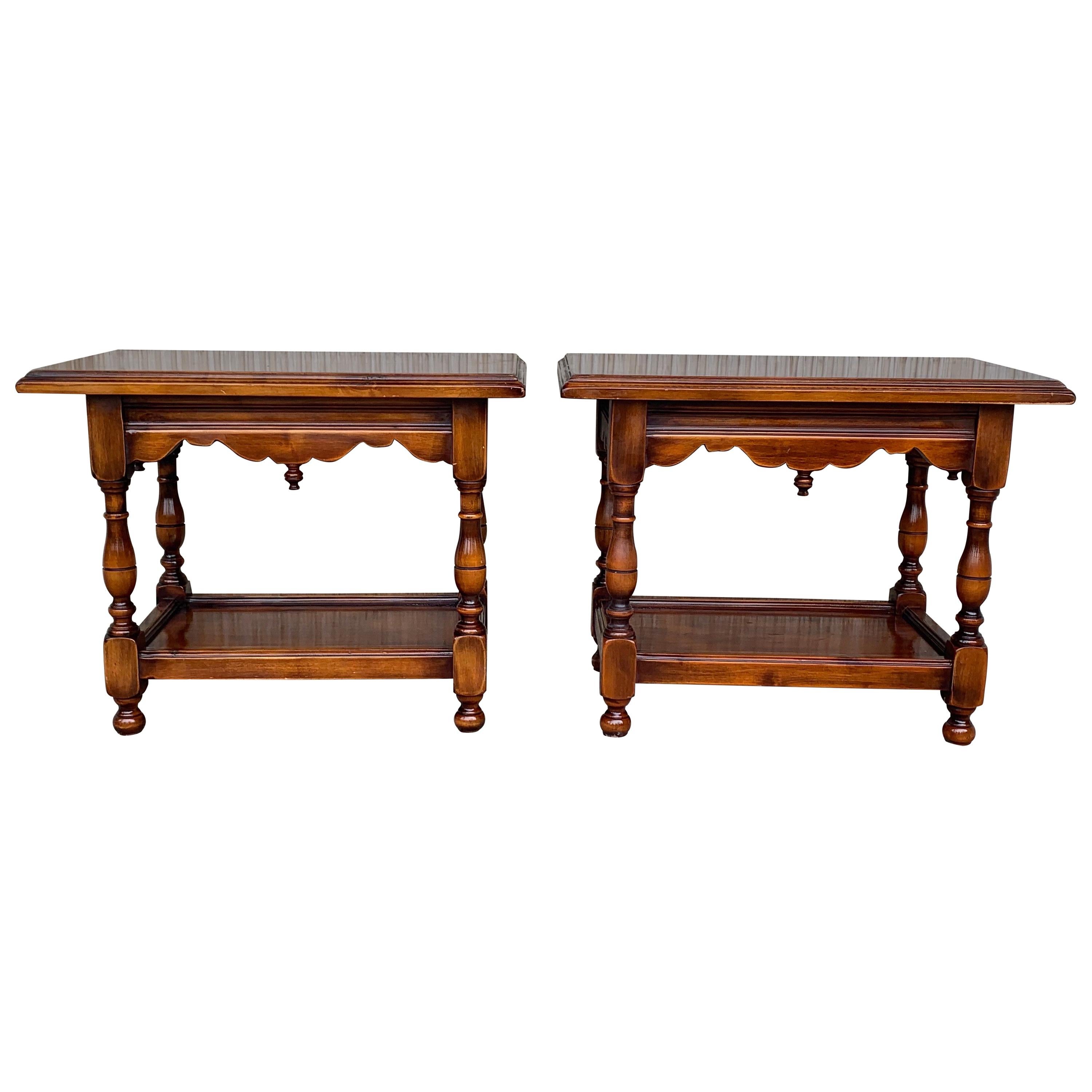 Pair of Spanish Nightstands or Side, Coffee Tables in Walnut Signed by Valenti