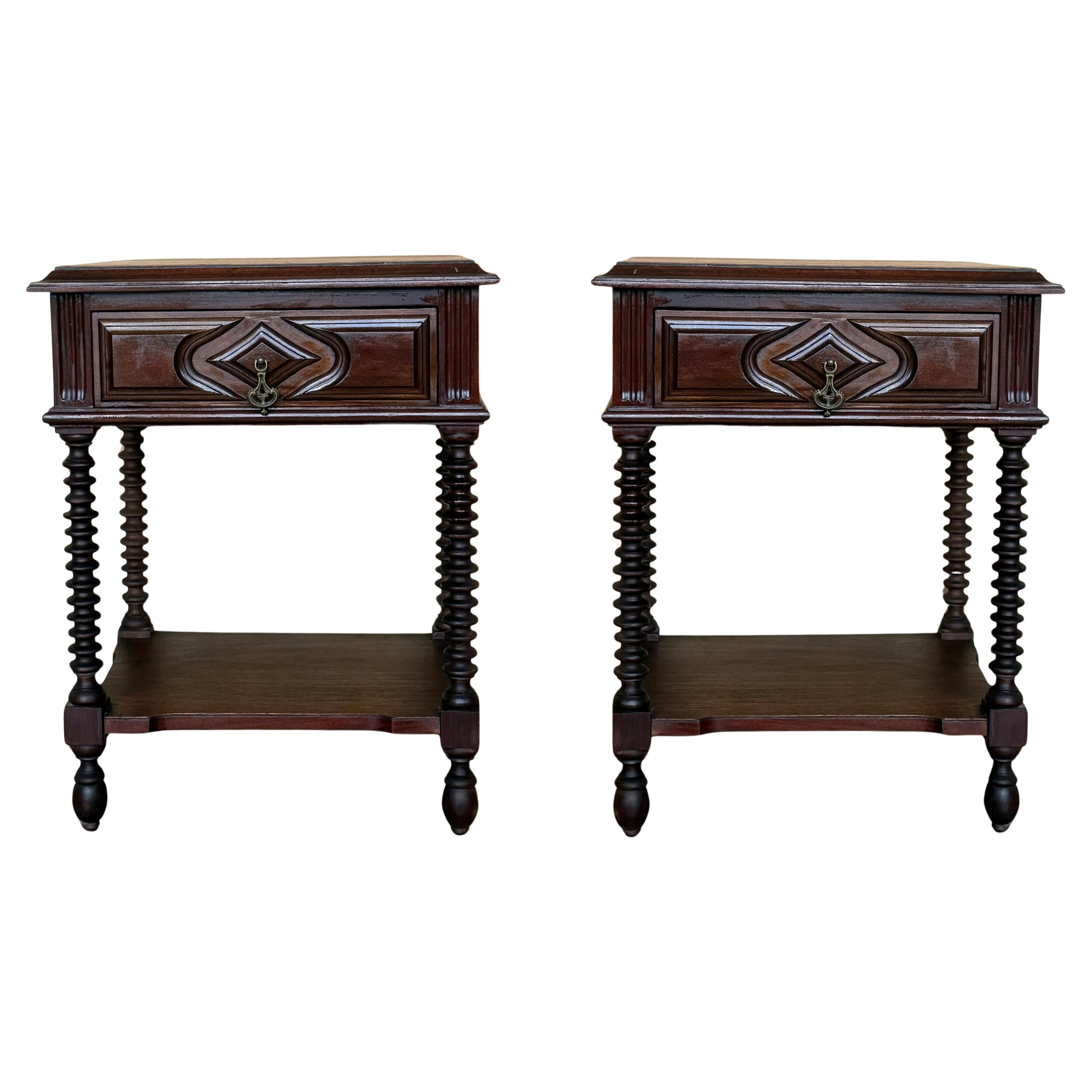 Pair of Spanish Nightstands with One Drawer and Low Shelve and Lentil Legs For Sale