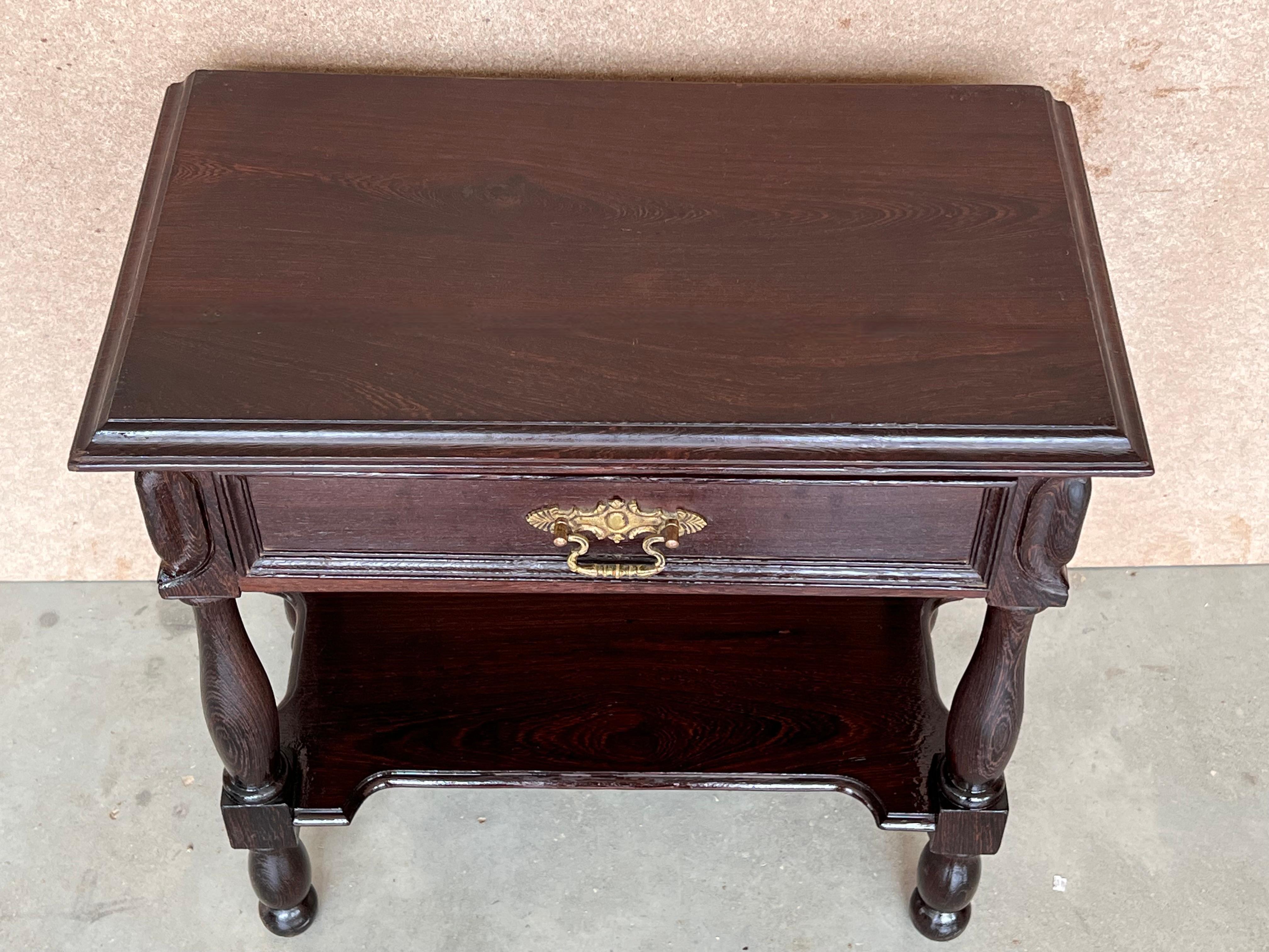 Walnut Pair of Spanish Nightstands with One Drawer and Low Shelve For Sale