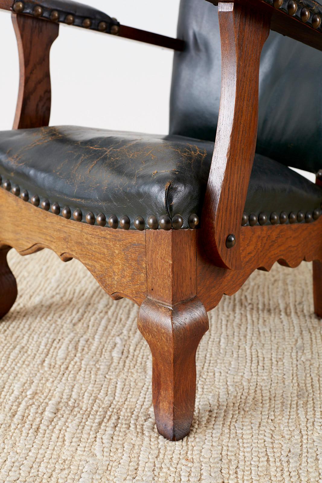 Pair of Spanish Oak and Leather Studded Lounge Chairs 2